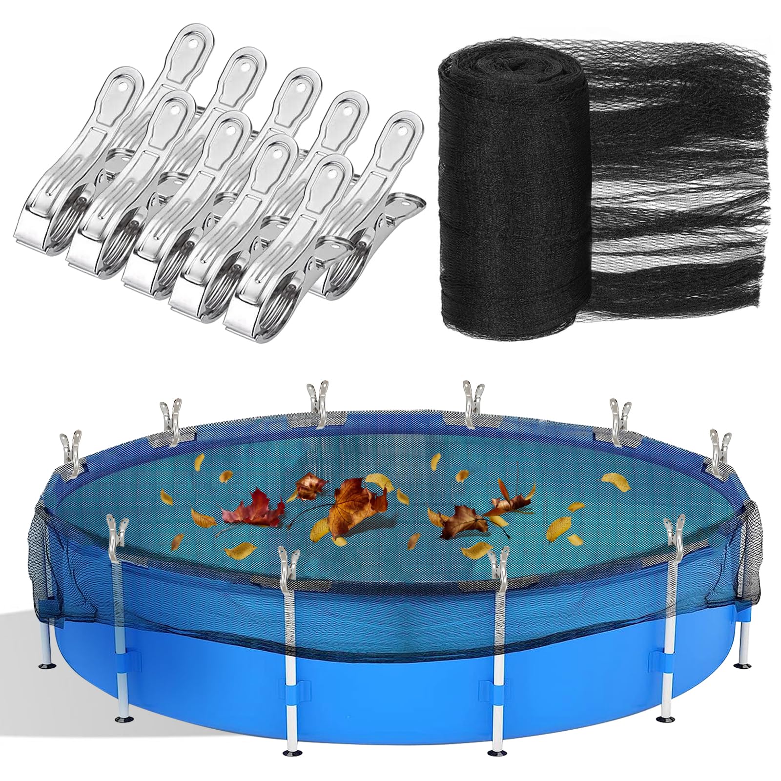 13.1 feet round leaf net cover for above ground pool, winter cover mesh cover with 12 pcs large metal clips,pool safety net fits 15ft above ground pools, keeps leaves out of your pool (black)