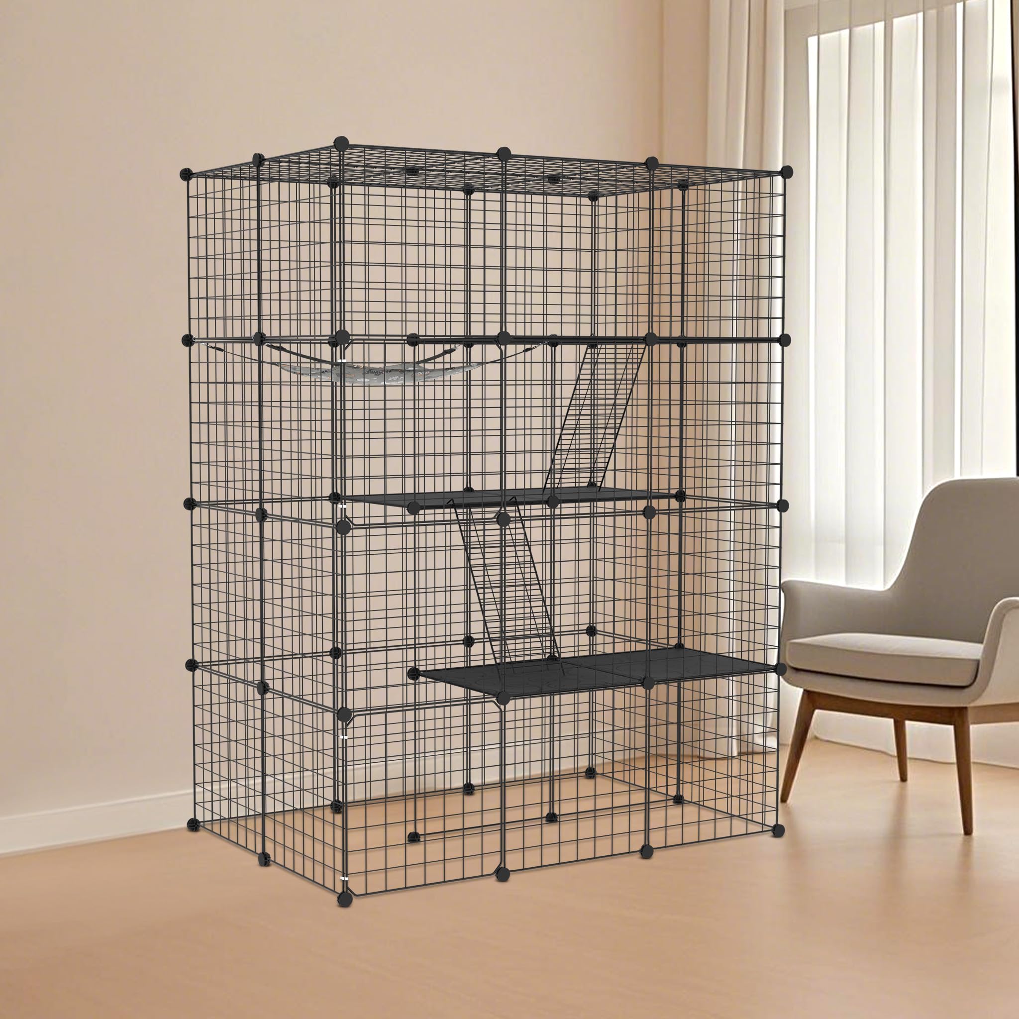 Aufun Großer Katzenkäfig 4 Ebene aus Metall mit 2 Leitern DIY Katzenlaufstall Zusammenklappbarer Katzengehege Outdoor Abnehmbarer Freigehege Katzen Katzenauslauf Kleintierelaufstall,110x74x146 cm