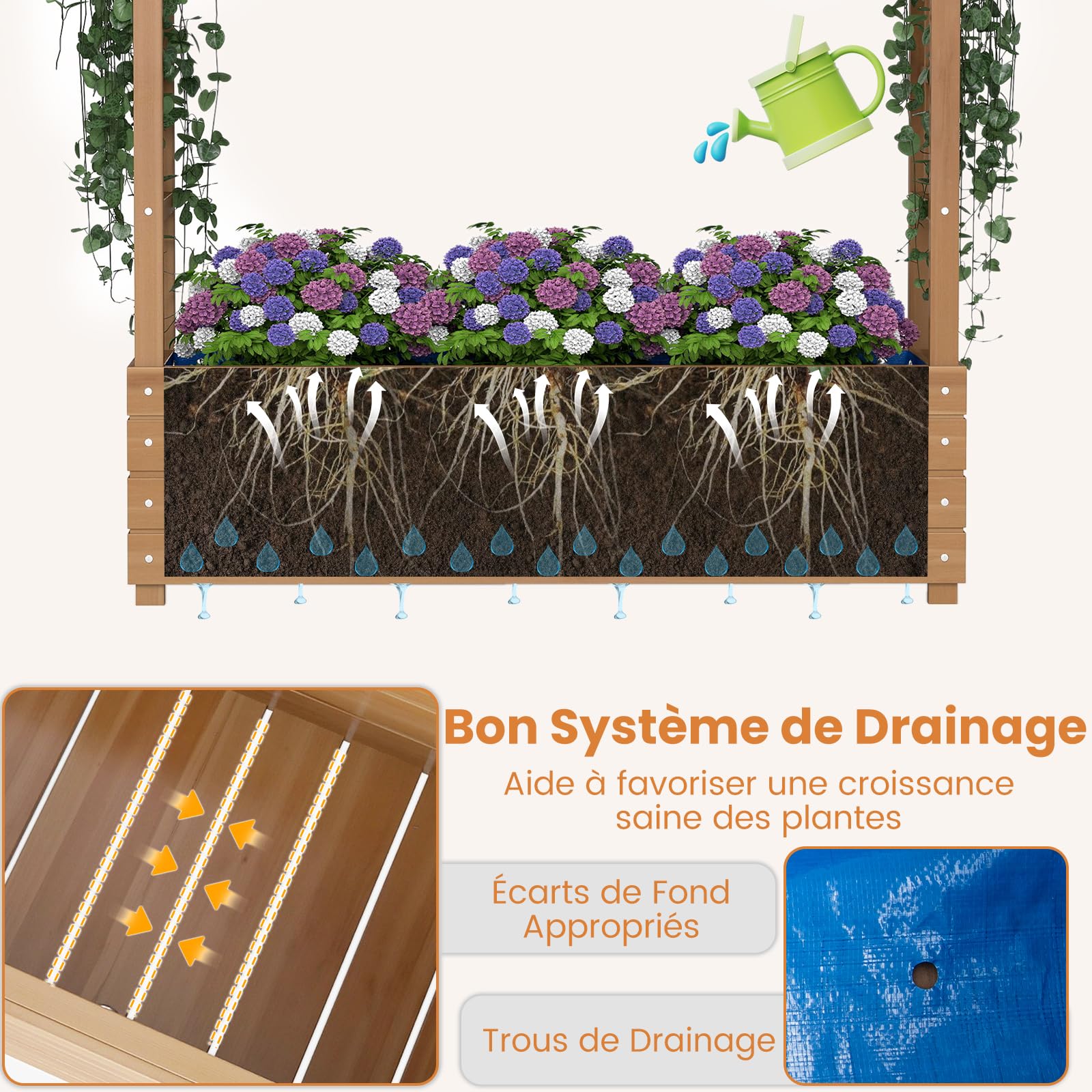 RELAX4LIFE Jardinière Surélevée avec Treillis Latéral & Supérieur, Jardiniere sur Pied avec Treillis en Bois, Trous de Drainage, Potager Extérieur pour Plantes Grimpantes