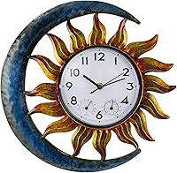 shumi Sun and Moon Outdoor Wall Clock with Thermometer & Humidity - Silent Non-Ticking, Patio Living Room Decor