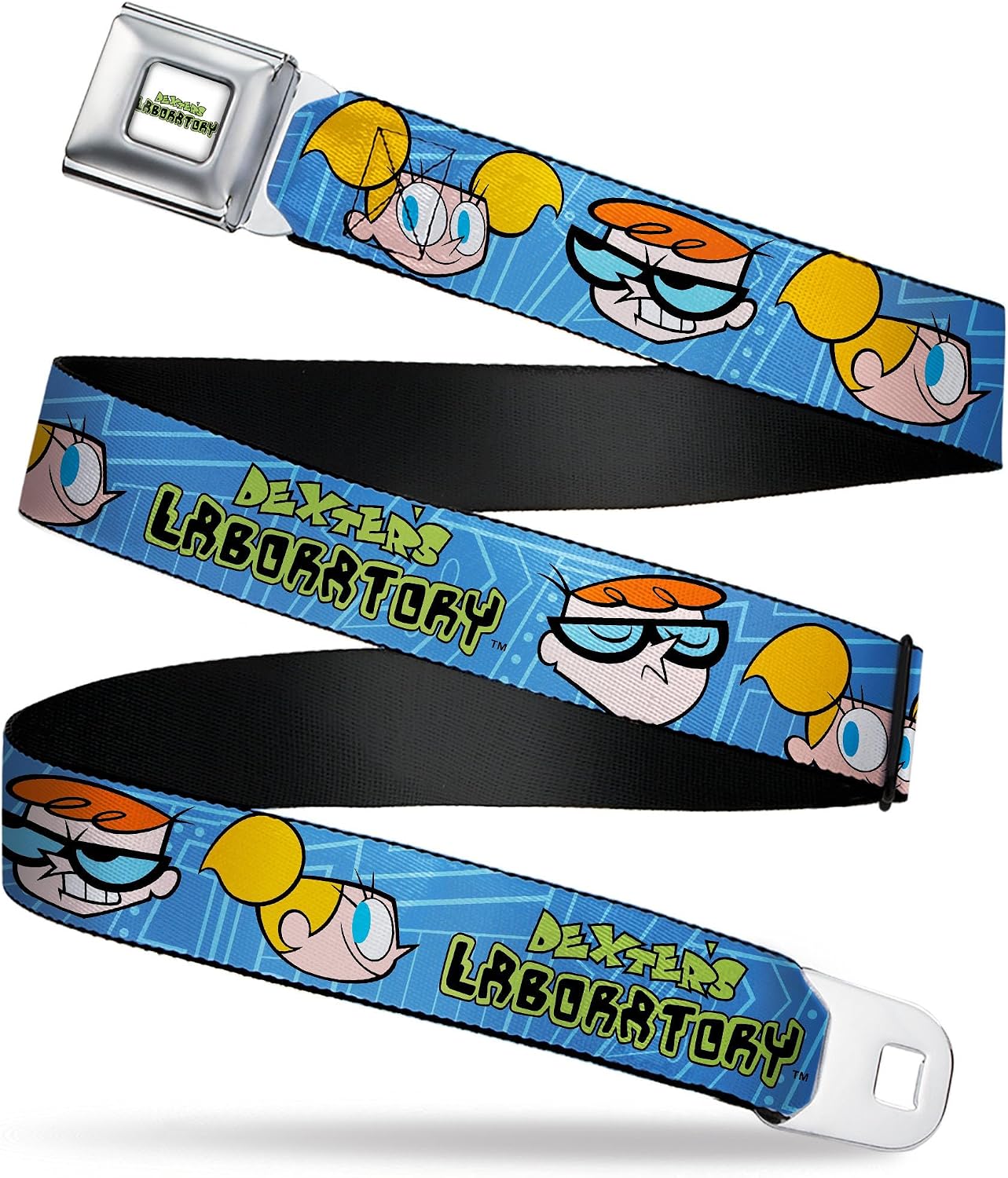 Warner Bros. Animation Belt, Seatbelt Buckle Belt, Dexters Laboratory Title Logo with Dexter and Dee Dee Blues, Adjustable