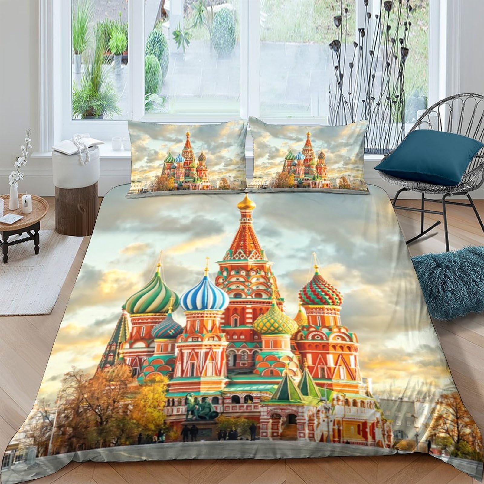 GPLZQXKJNH 3D Printed St Basil Cathedral Duvet Cover Set Microfiber Soft Breathable Russian Landmark Bedding with 2 Pillowcases for Bedroom Decor Single（135x200cm）