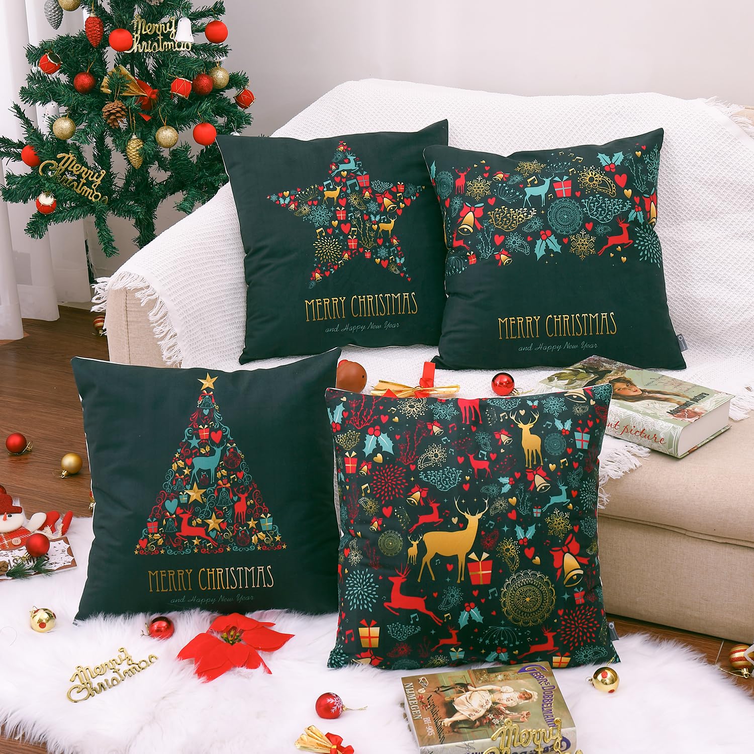 ORANIFUL Fodere Cuscini Natalizie 40x40 Set da 4 Verde Scuro Copricuscini Divano Velluto Quadrati Decorativi in Lino per Letto Décor Casa Auto (Natale 07, 4 Pezzi)