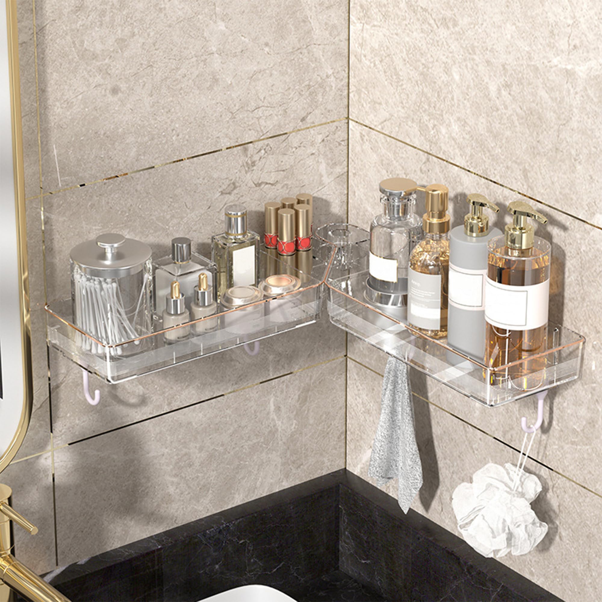 CATPAN Clear Corner Shower Shelves Self Adhesive Plastic Shower Caddy Wall Mounted Bathroom Shelves No Drilling Rack Wall