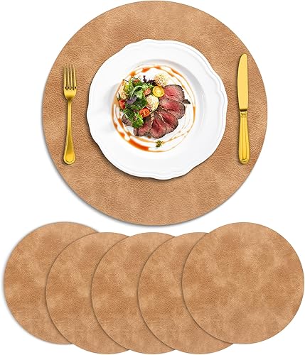 ADRIMER Manteles individuales redondos resistentes al calor, juego de 6 manteles individuales lavables, impermeables, manteles individuales de piel