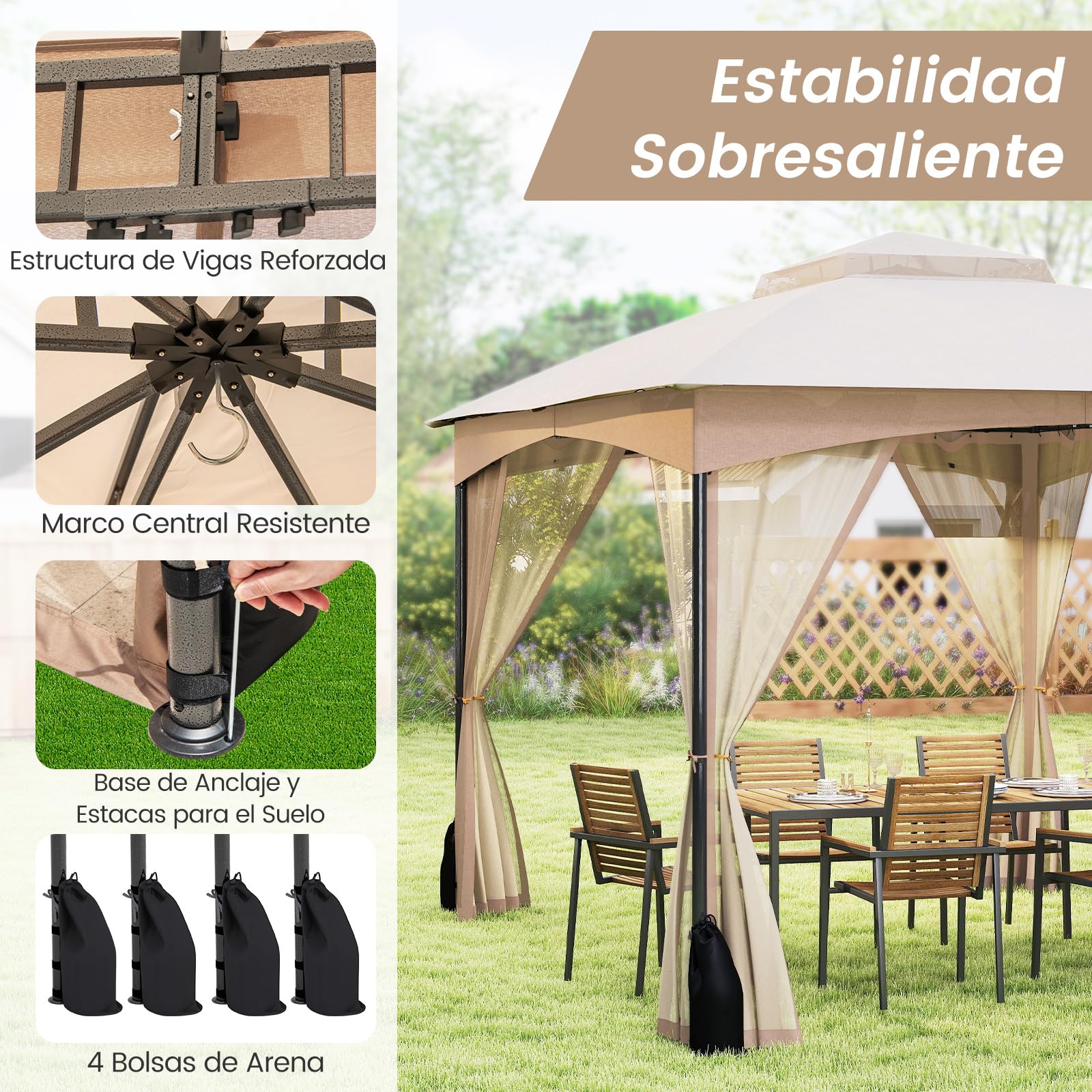 COSTWAY Carpa Plegable 3,65x3m, Pop up, Pergola de Jardin con Paredes de Malla, Dosel de Techo Doble, Puertas con Cremallera, Estructura de Metal, Cenador Pabellón Jardin Exterior (Caqui)