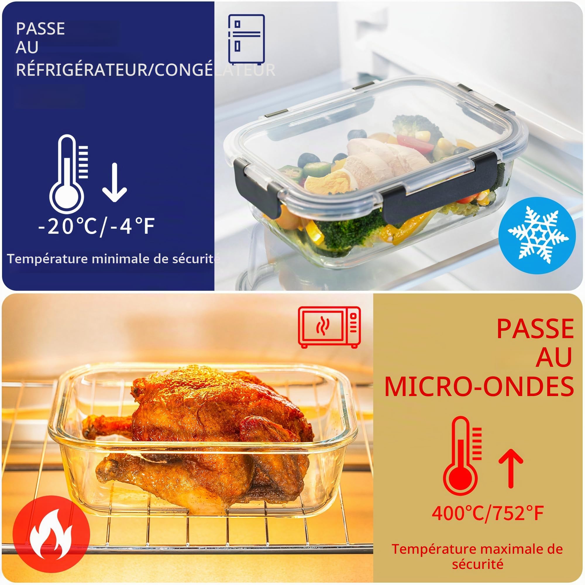 MFY Lot de 5 boîtes de conservation en verre de 36 oz avec couvercle – Lot de 2 compartiments pour la préparation des repas en verre hermétique pour micro-ondes, four, congélateur, gris