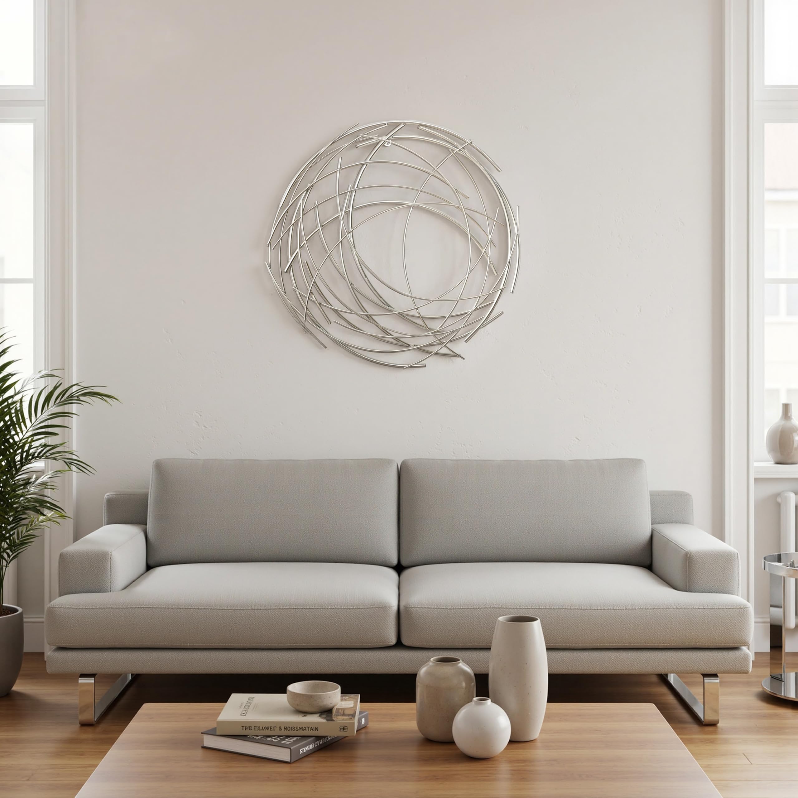 Hometopia Metall Wanddeko Silber 49,5 cm Moderne Runde Wandkunst aus Metall