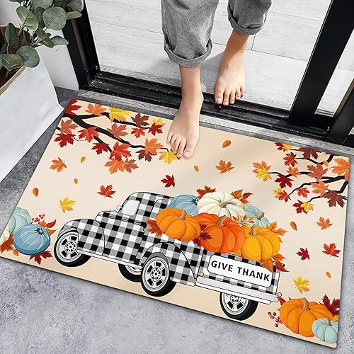 Miniatura 1 de Bath Rugs Entrance Non Slip Front Door Mat Fall Maple Leaf Plaid Truck Pumpkins Kitchen Carpets Thanksgiving Farm Harvest Floor Mats for Bathroom