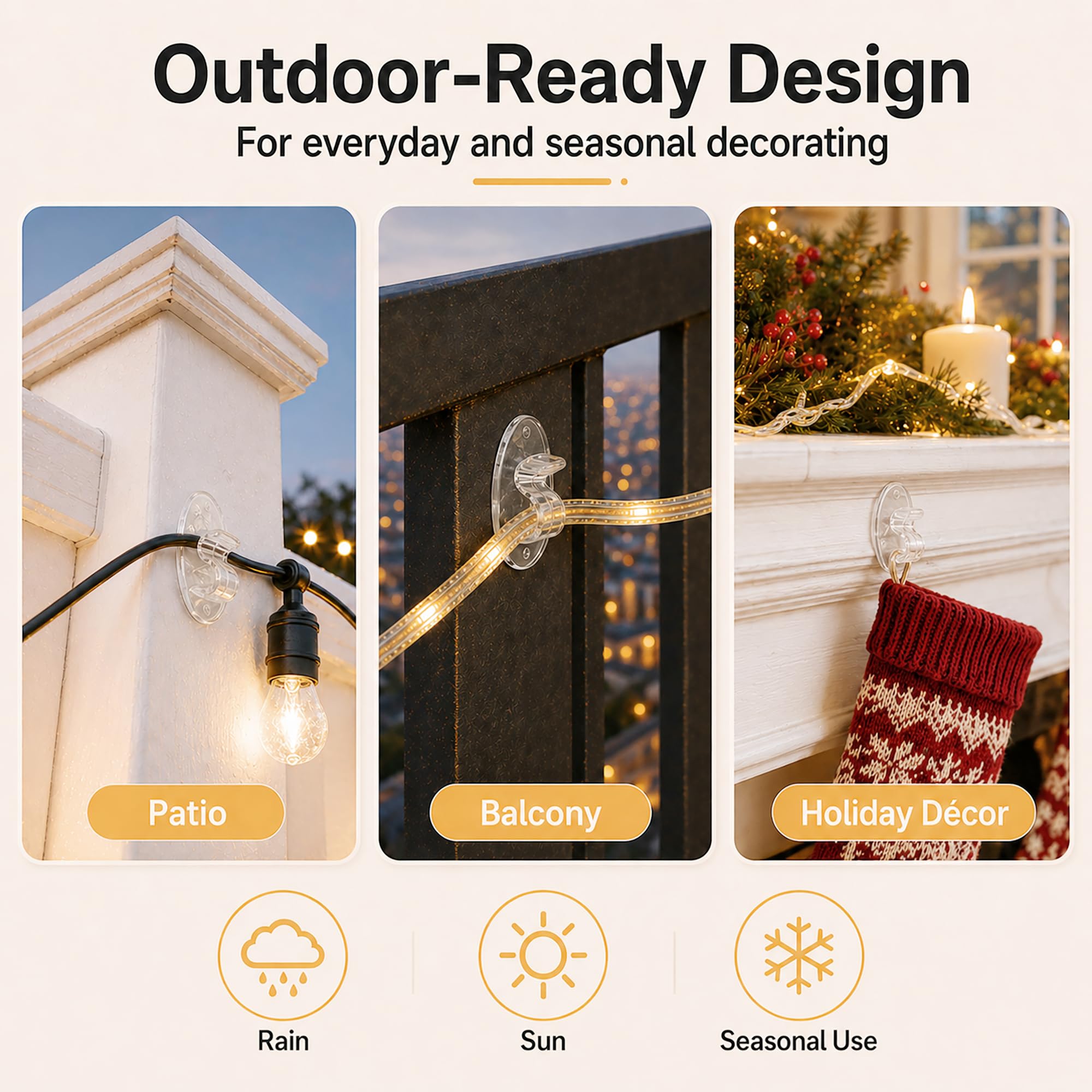 Ganchos para clips de luz de cuerda al aire libre: 20 clips de cadena de luces para exteriores, clip de luz transparente resistente para colgar con adhesivo impermeable para colgar en el patio