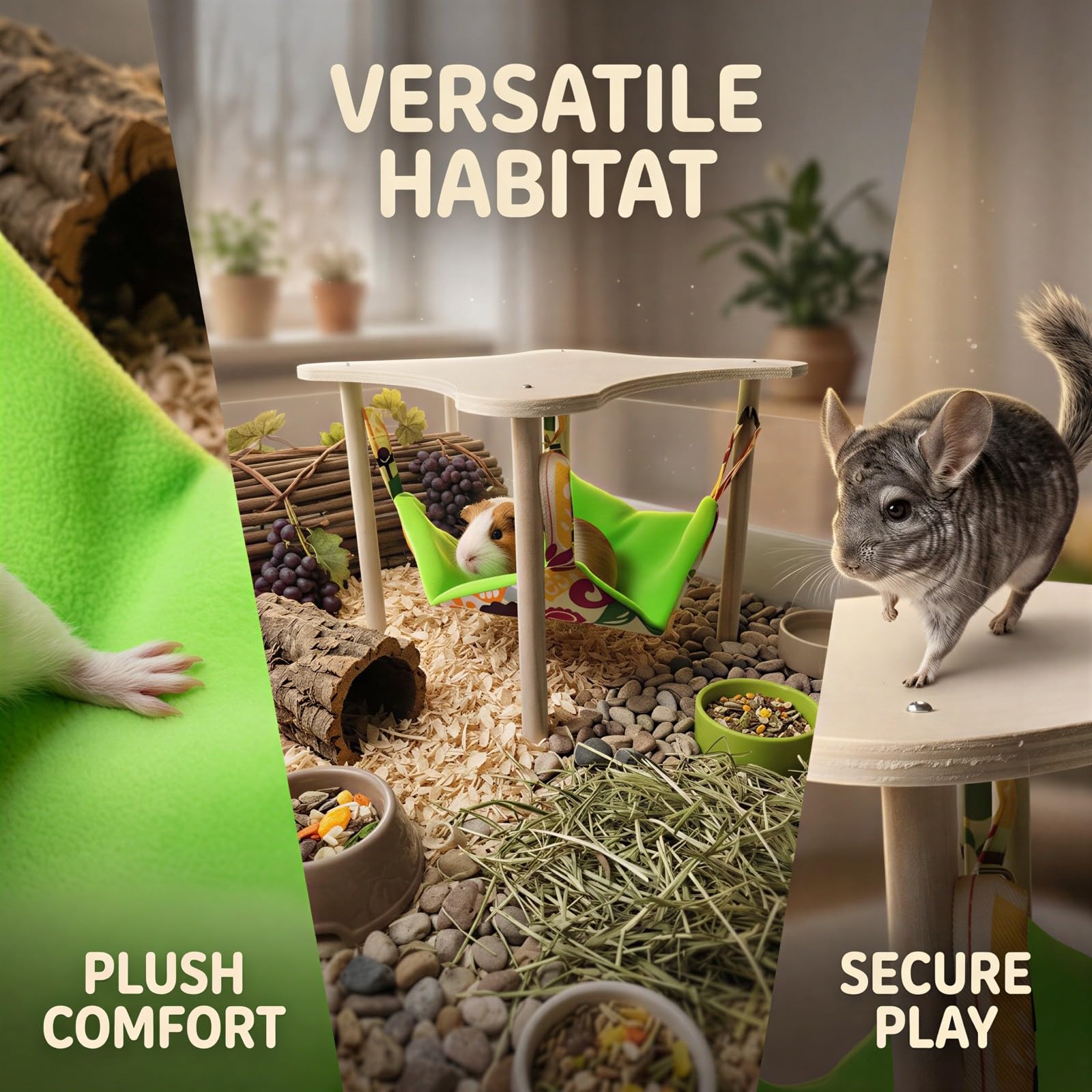 Meerschweinchen-Hängematte, 2-in-1 Hängesitz für Chinchillas und Hamster, Holz-Standplattform 11,0 x 11,0 x 9,5 Zoll, zum Ausruhen, Klettern und Schlafen, grün gemustertes Hängeversteck
