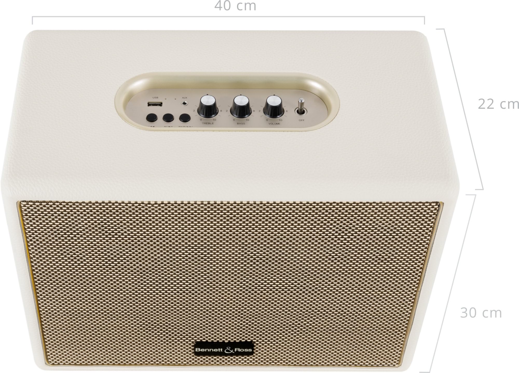Bennett & Ross BB-880CW Blackmore Giant – głośnik retro Bluetooth o wyglądzie skóry – funkcja TWS – głośnik vintage o mocy 2 x 40 W – wejście USB z odtwarzaczem MP3 – złącze AUX – kremowo-biały
