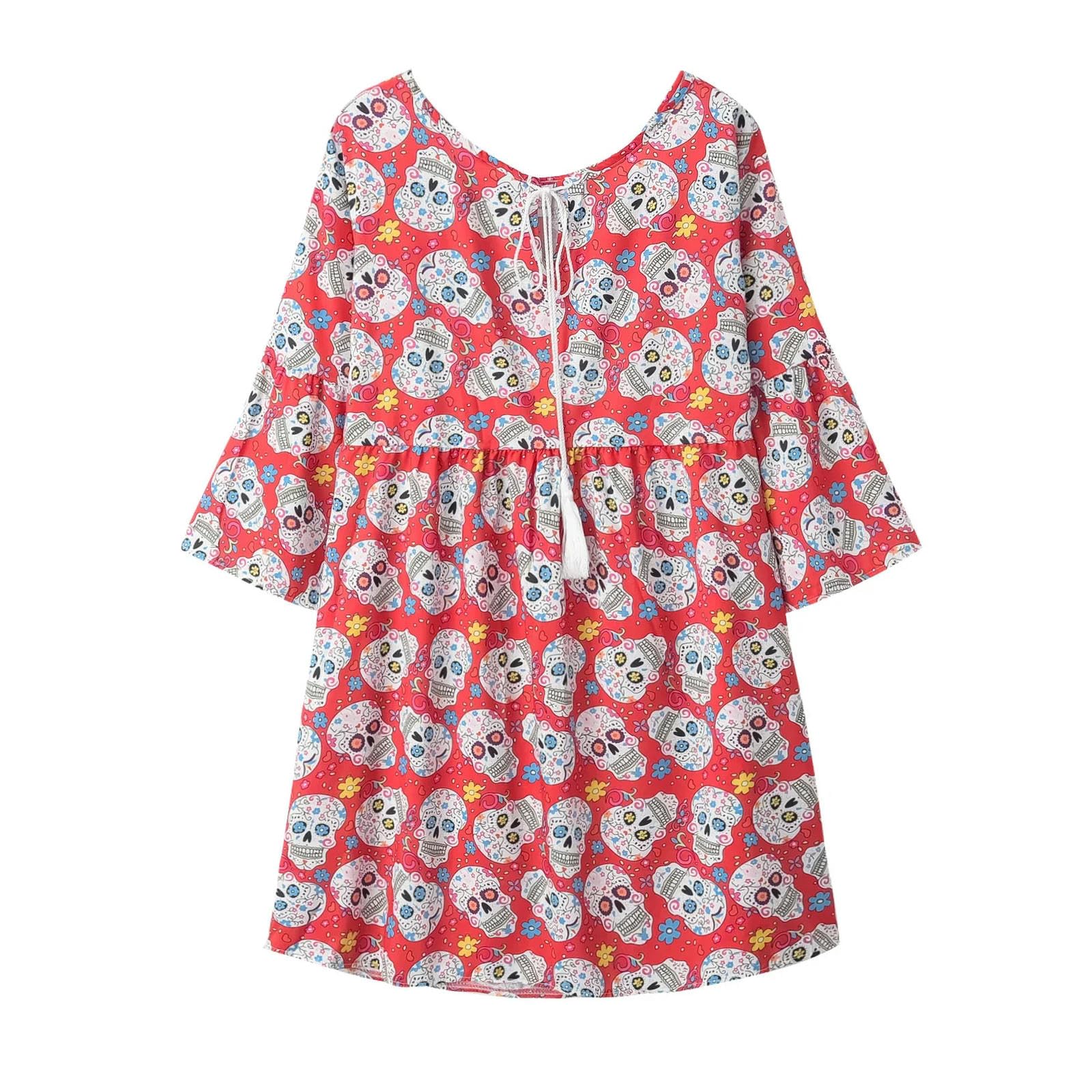 Robe Ample à Manches Longues avec Motif Rouge Lumineux S