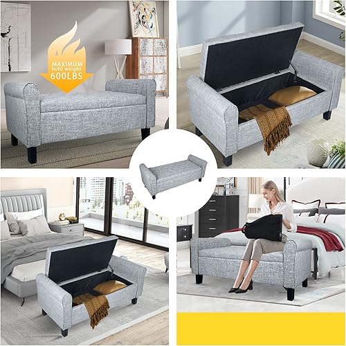 Miniatura 31 de Babion Banco otomano de almacenamiento con brazos, banco del extremo de la cama para dormitorio, botón copetudo para entrada, sala de estar, Armado