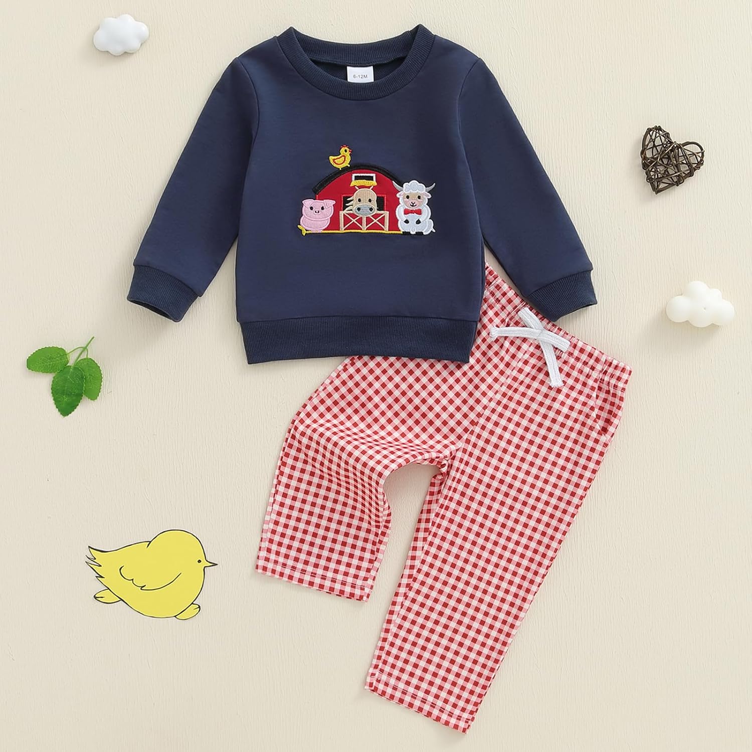 Toddler Baby Boy Farm Clothes Western Animal Sweatshirt and Gingham Plaid Pants Set 2Pcs Fall Winter Outfits - Image 4
