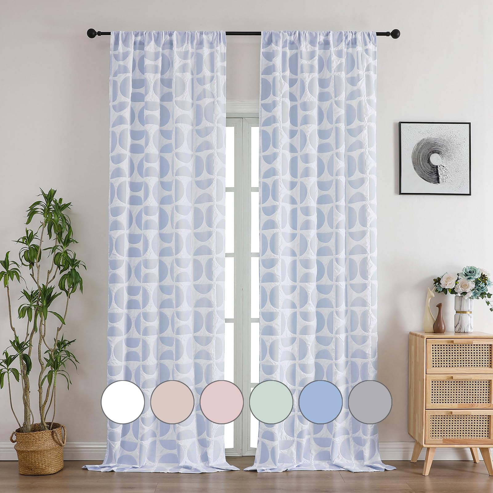 Aiyufeng White and Blue Long Curtains 96 Inches Long 2 Panels Set, Soft Airy Light Filtering 3D Embossed Textured Living Room Curtains, Modern Rod Pocket Curtains for Bedroom, 38" Wx96 L Inch