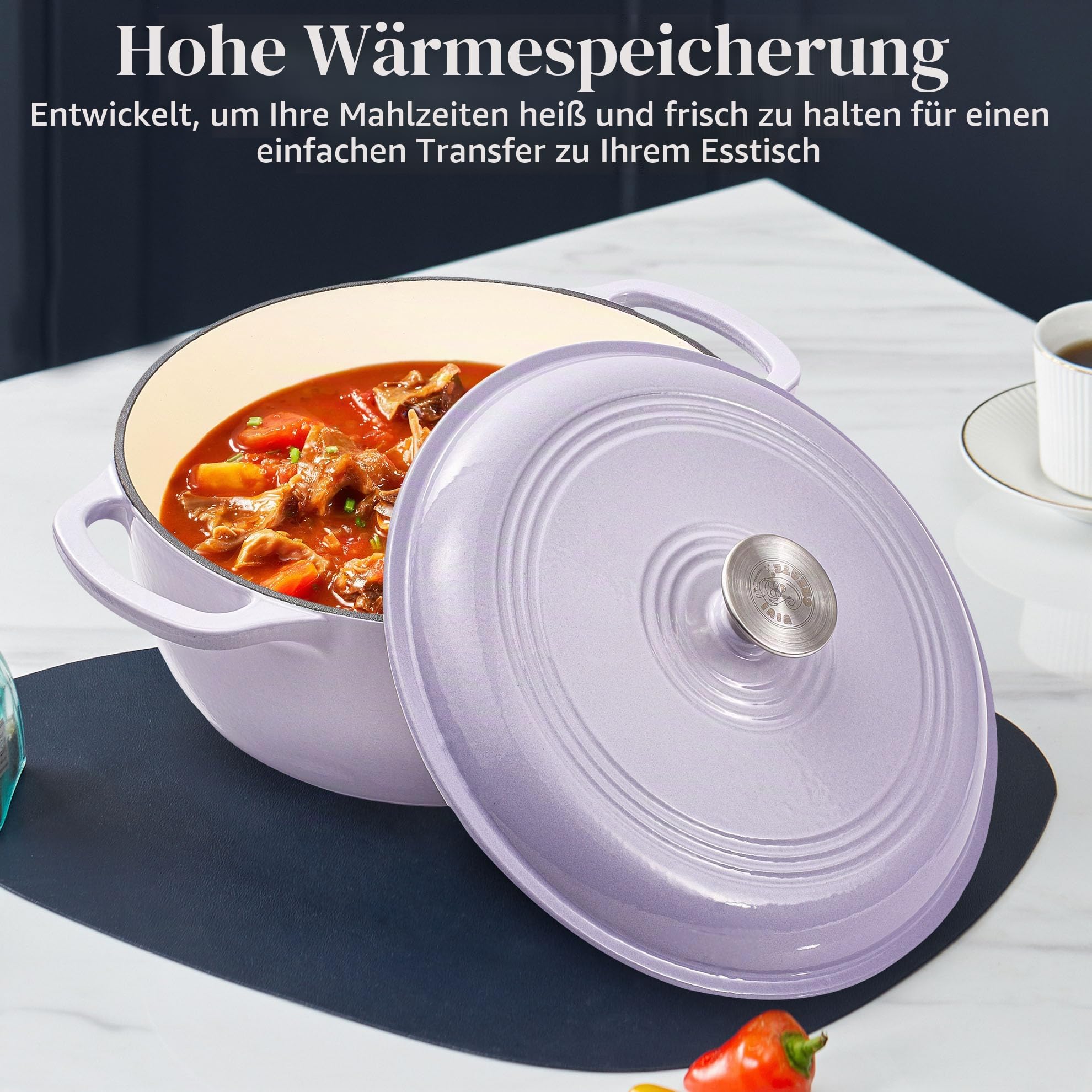 Vivicreate Schmortopf aus emailliertem Gusseisen, 6 Quart Dutch Oven Topf mit Deckel, robuster Dutch Oven zum Brotbacken, Schmoren, Eintöpfe, Braten, ofenfest bis 260 °C, Doppelgriffe, Violett