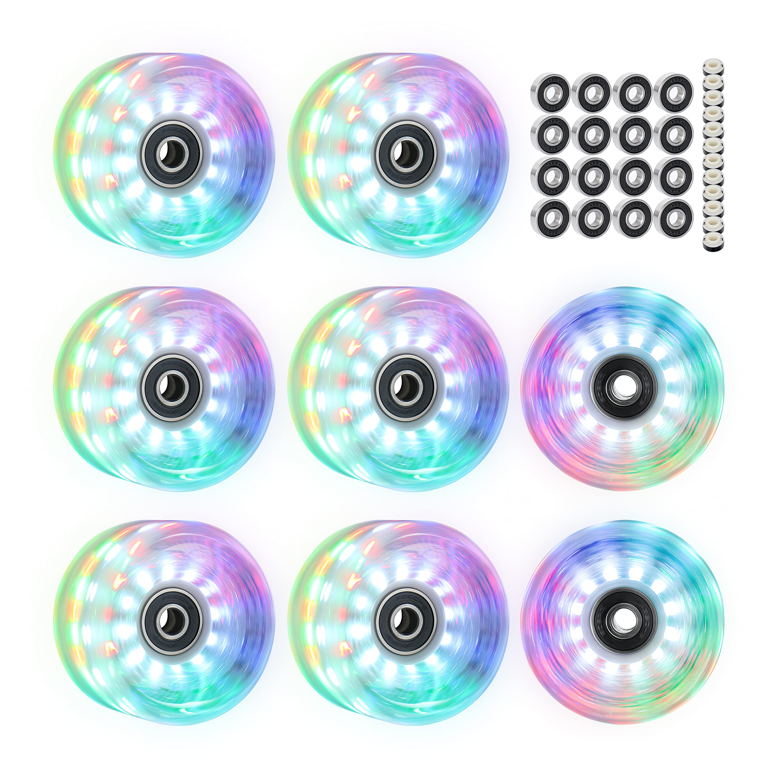 Rollschuh-Räder leuchten mit leuchtenden Punkten und ABEC-9-Kugellagern, 65 mm x 35 mm, 82 A, 8 Stück, für drinnen und draußen, für zweireihiges Skaten (transparent)