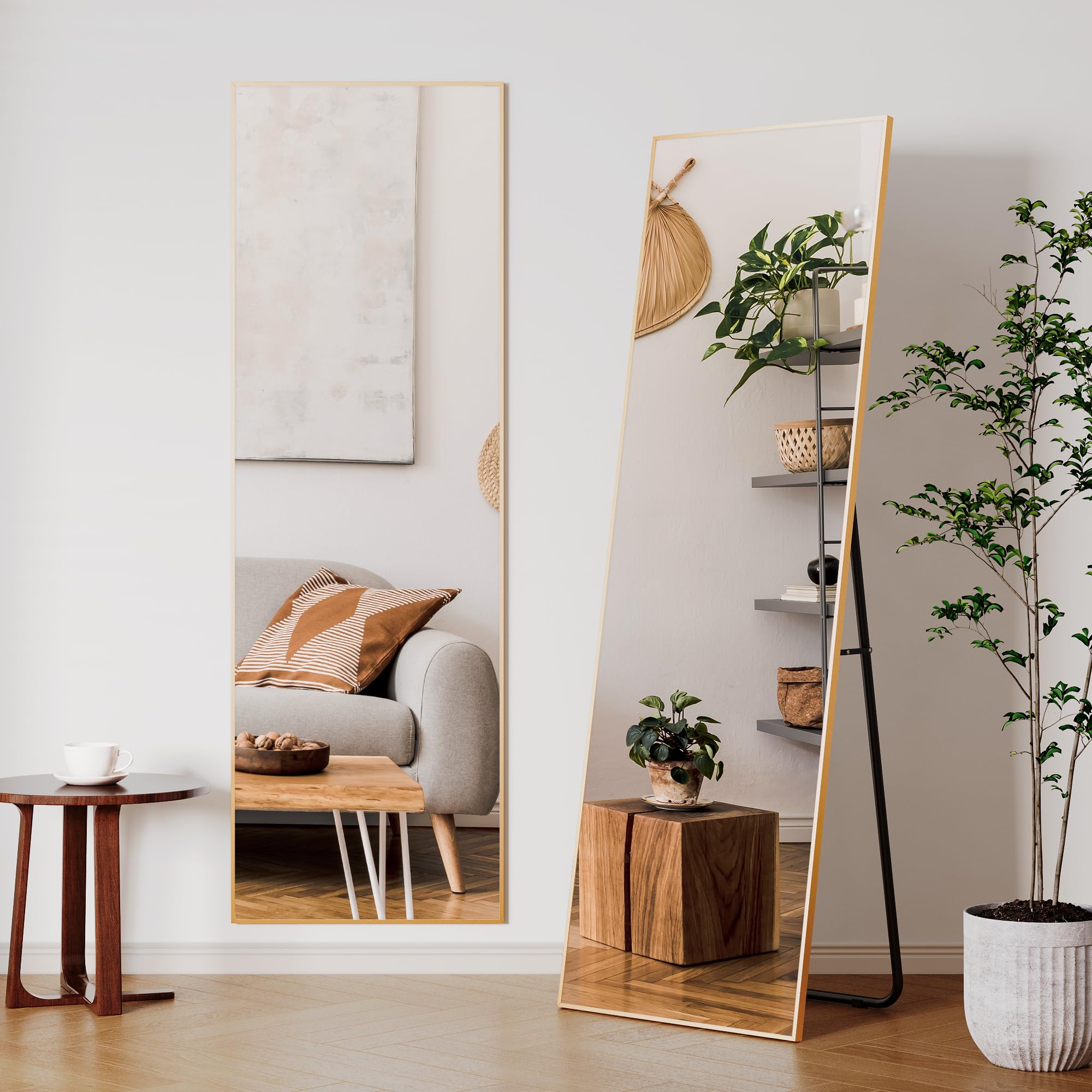Clevich Full body spiegel, 162 x 53 cm, met aluminium frame, metalen standaard, staande spiegel, HD, grote wandspiegel met haken, full-body spiegel, wandspiegel voor woonkamer, slaapkleding, badkamer