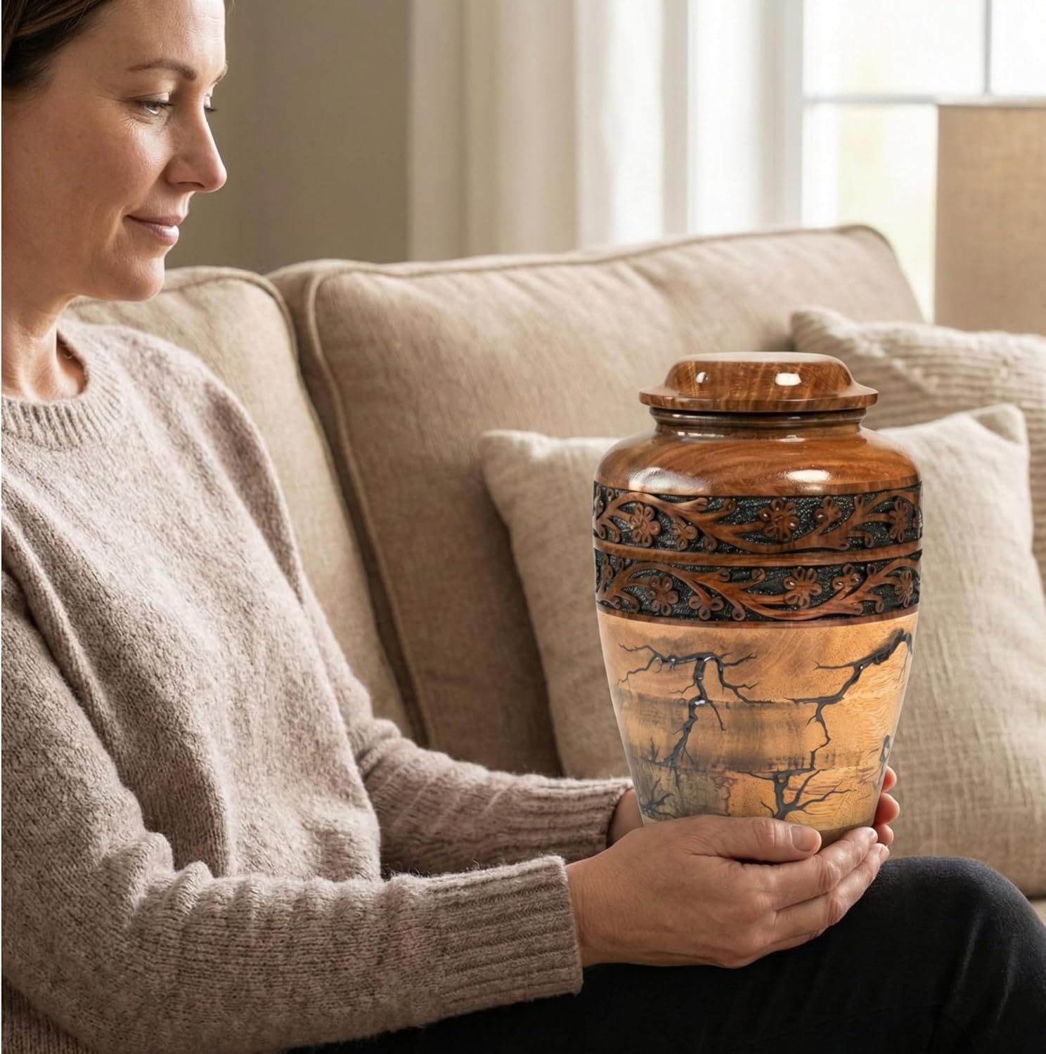 Wooden Cremation Urn for Human Ashes Adult Male Urn for Ashes for Women and man, Adult Size Decorative urn. Burial and Funeral Urn Double Flora Engraving Rosewood Large 200 Cu in Resin Inlay.