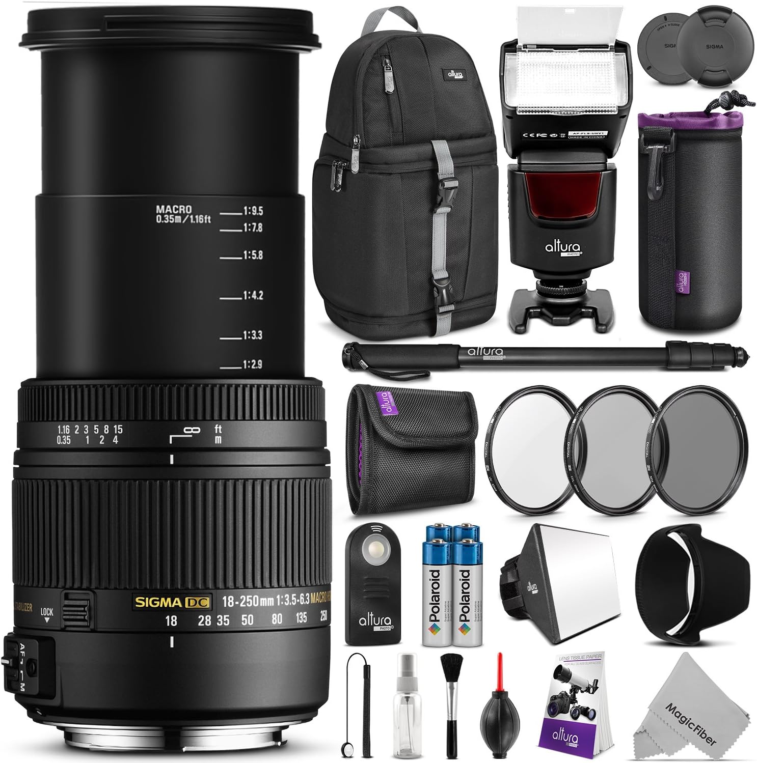 Sigma 18-250mm f/3.5-6.3 DC Macro OS HSM Lens for NIKON DSLR Cameras w/ Complete Flash, Photo and Travel Bundle