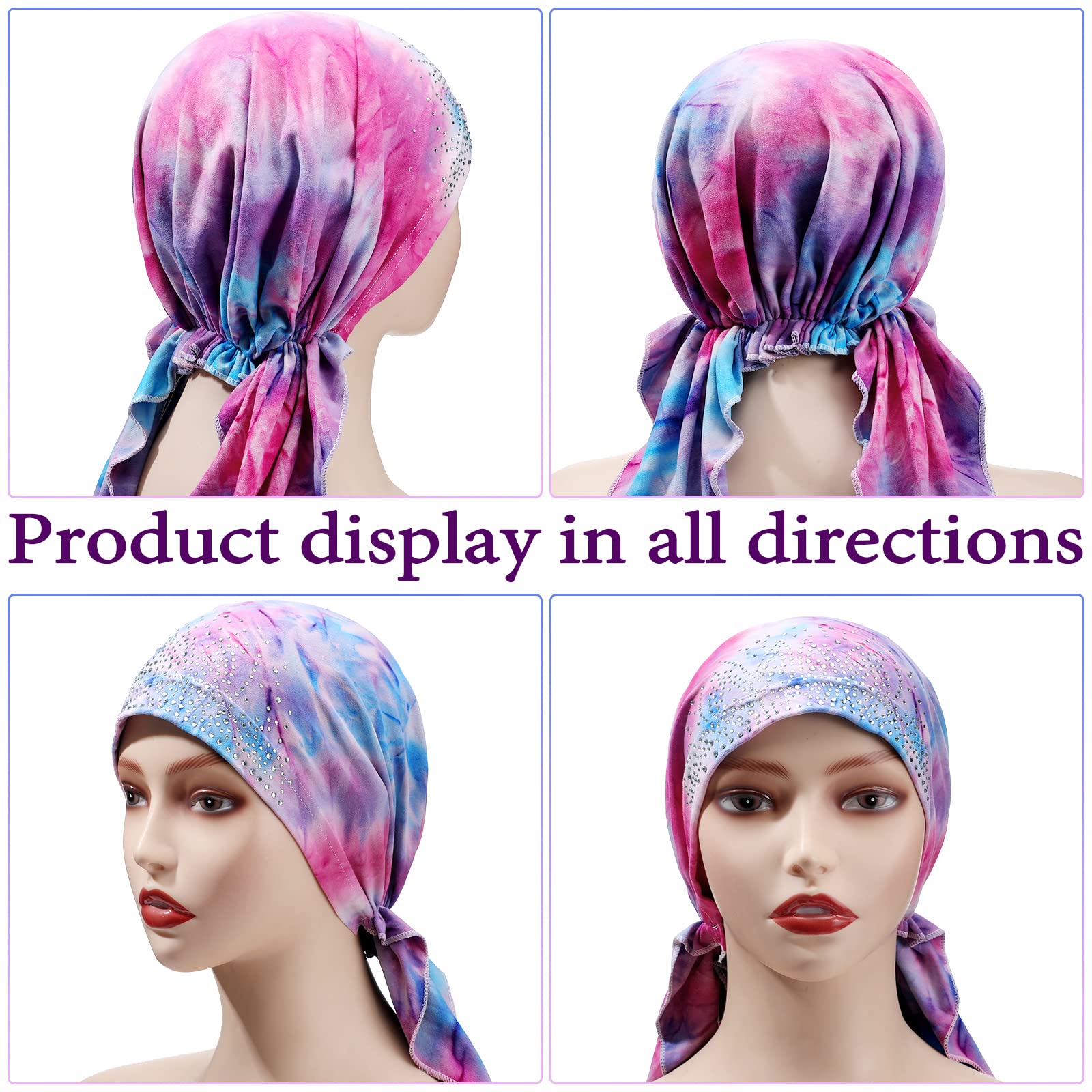 Geyoga 6 paquetes de pañuelos elásticos para la cabeza con diamantes de imitación para mujer, gorro tipo bandana preatado, turbante Durag, gorro de calavera