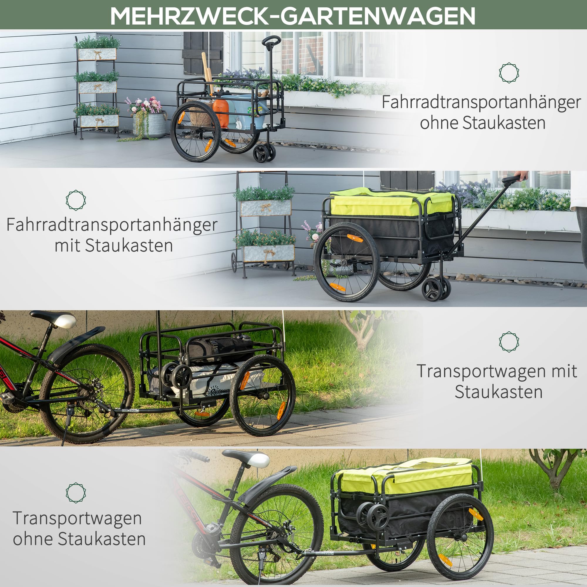 HOMCOM Rimorchio per bicicletta, 2 in 1, per bicicletta, con pneumatici da 20 pollici, portata 40 kg, in acciaio, tessuto Oxford, 130 x 64 x 64/103 cm