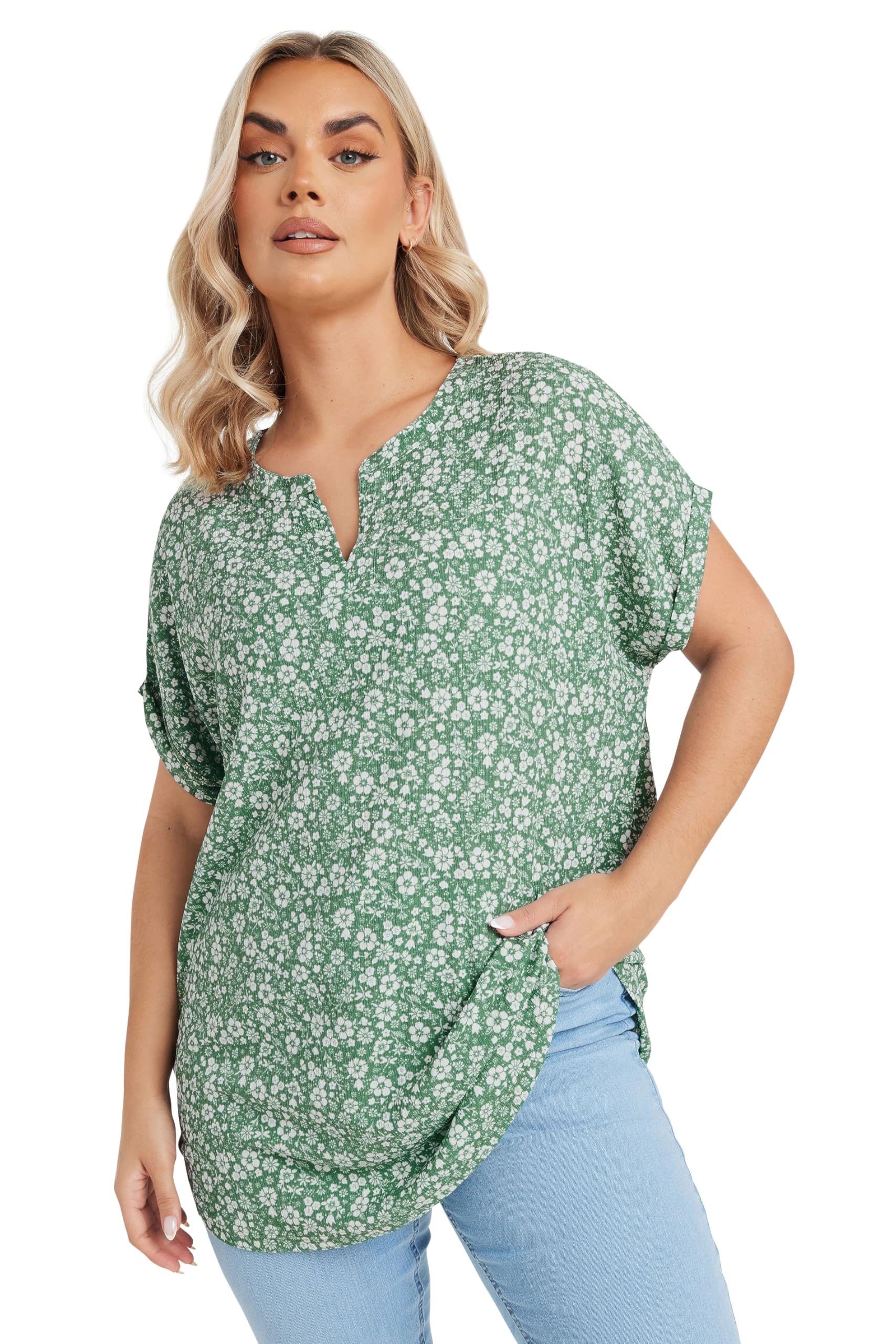 Yours Curve Floral Textured Top - Women's - Plus Size Curve Green