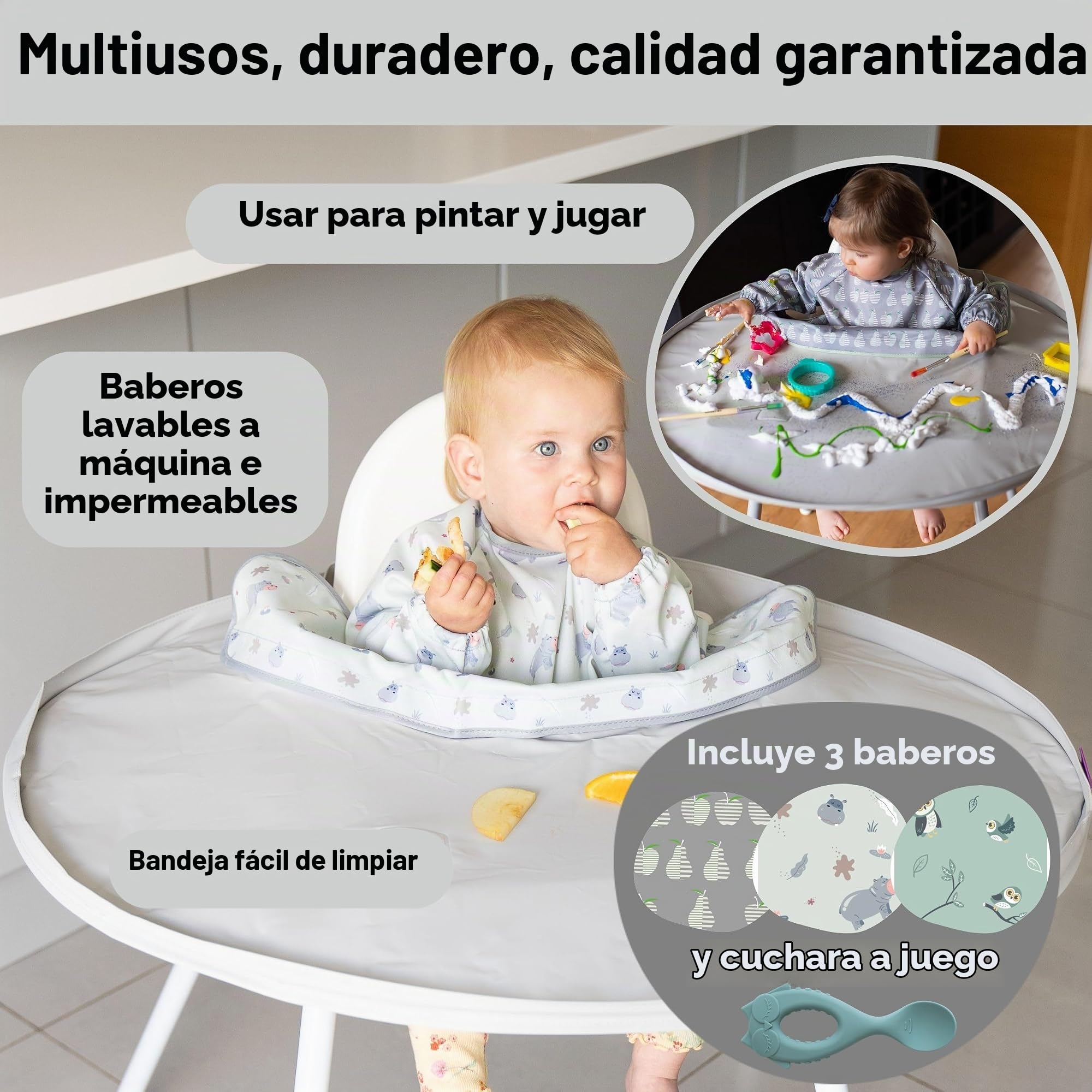 Tidy Tot Combo Babero Destete y Kit de Bandeja- Bandeja 3 baberos/capa con mangas ¡El babero de Baby Led Weaning Esencial! Perfecto para jugar sin manchas y para el destete