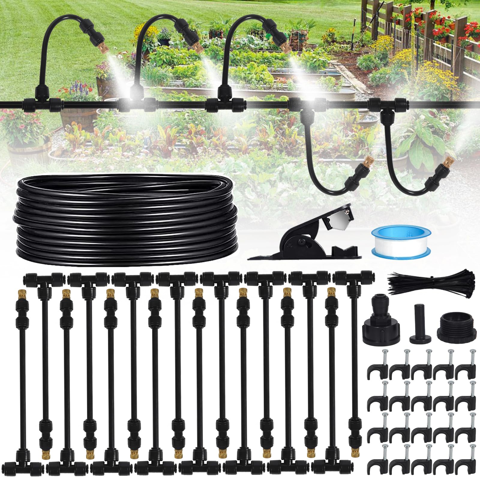 16M Outdoor Mister, 64 szt. Zestawy do nawadniania System zamgławiania z 18 dyszami do mgły ze złączem T + 1 adapter (mosiądz, 3/4") do imprez plenerowych, ogrodów