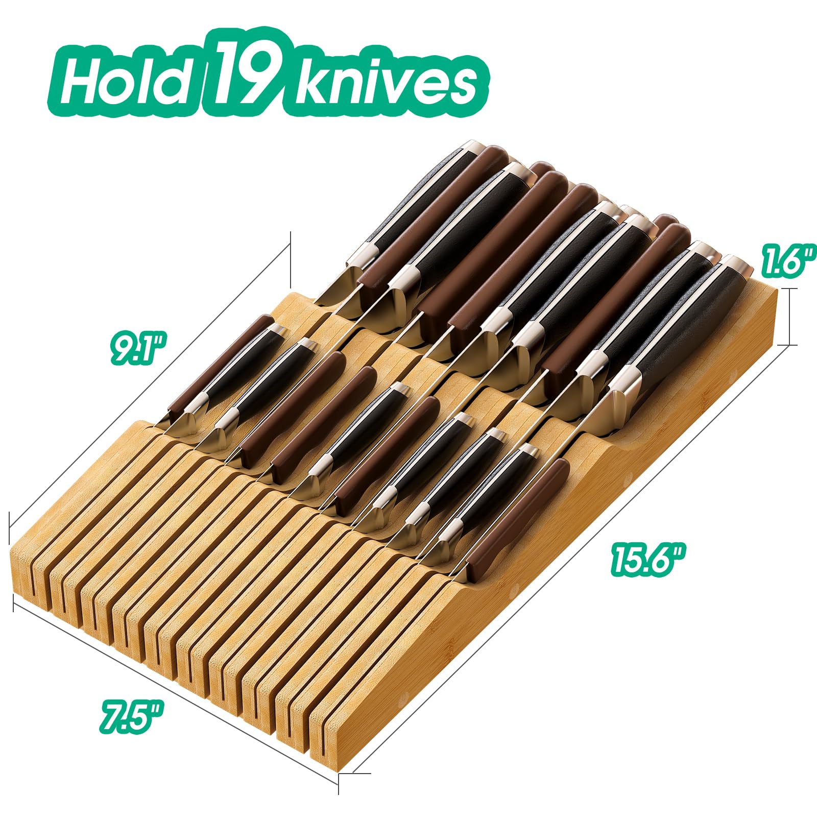 Organizador de cuchillos de cajón grande, soporte de cuchillos de madera de bambú, bloque de cuchillos con capacidad para hasta 19 cuchillos