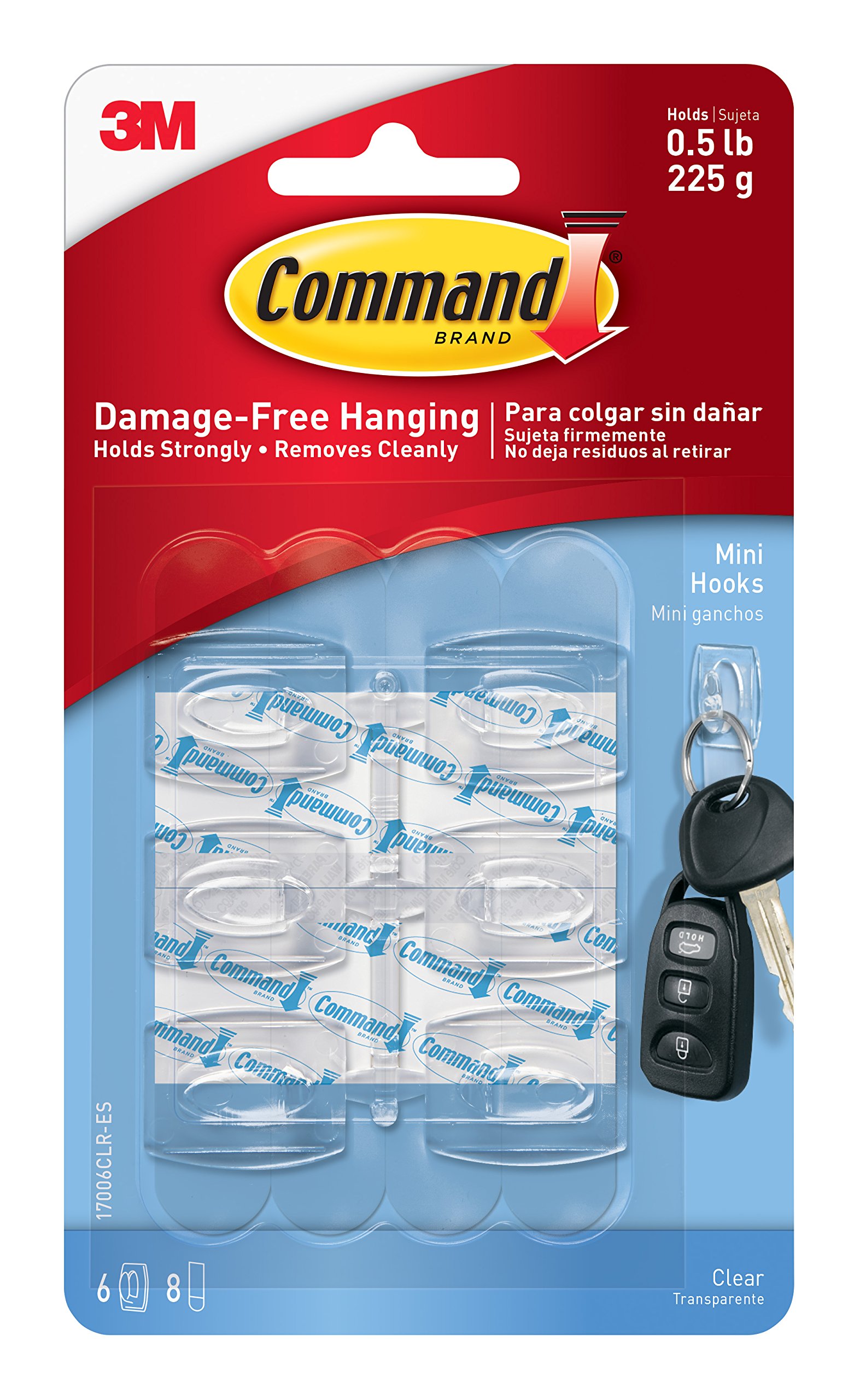 Command Mini Clear Hooks with Clear Strips 17006CLR-VP, 12 Hooks with 16 Adhesive Strips per Pack
