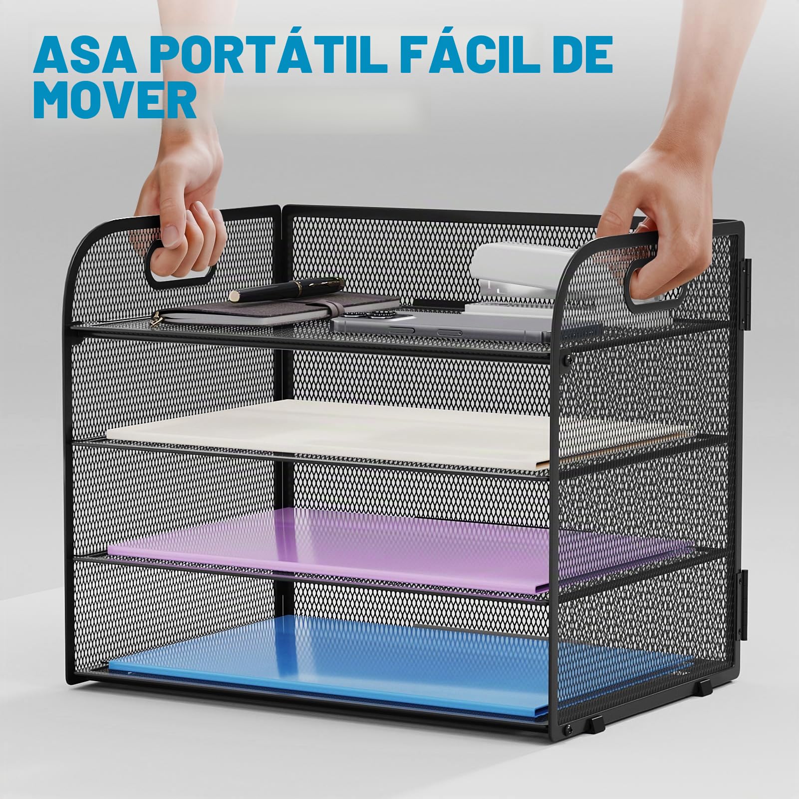 Marbrasse Bandejas de Escritorio Organizador,Bandeja de Papel de Carta de 4 Niveles con Asa,Bandeja de Malla para Escritorio Oficina Hogar A4 Archivo Almacenamiento de Documentos (Negro)