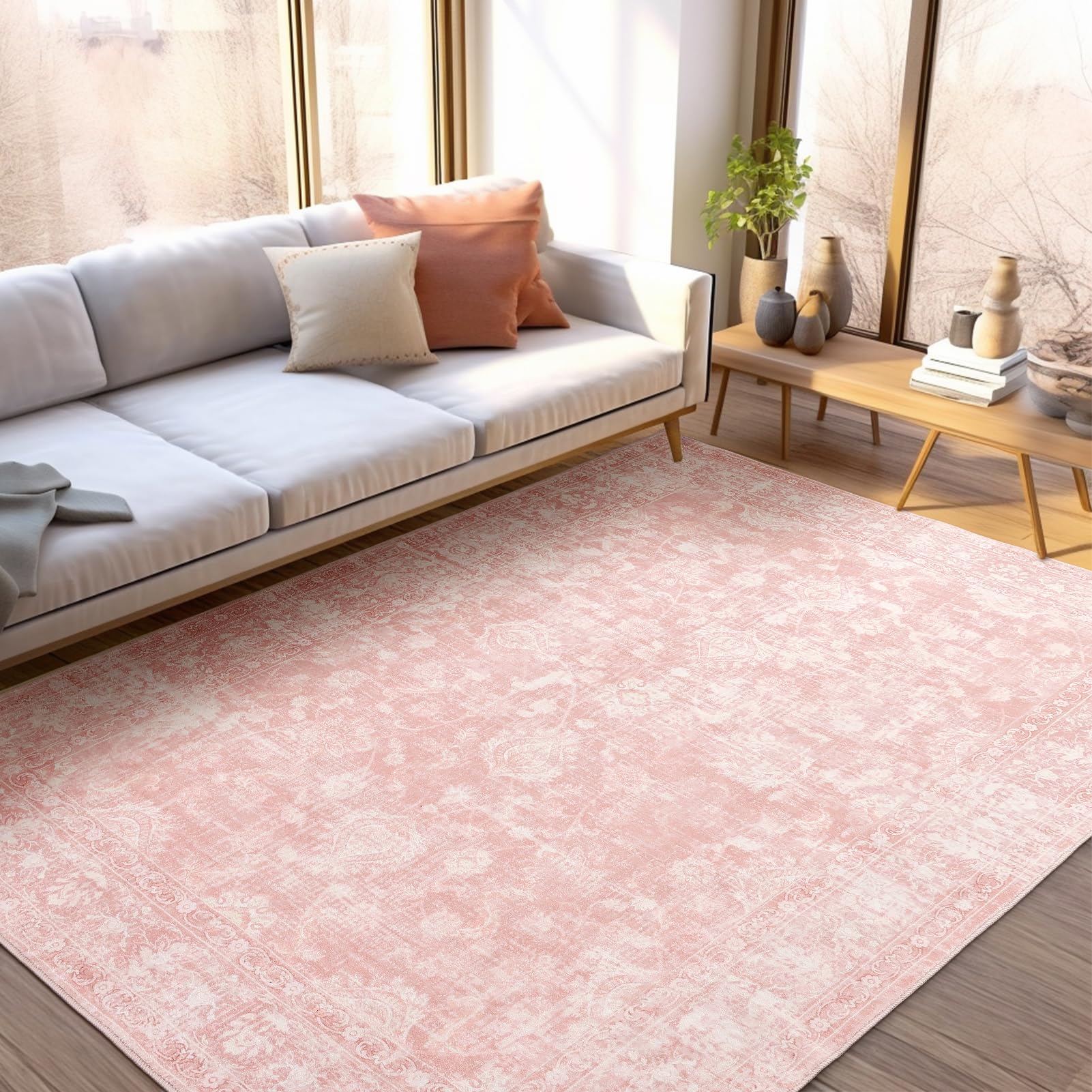 FROZZUR Boho Pink Area Rug 5x7 – Soft Washable Vintage Rug with Non-Slip Backing for Living Room, Bedroom & Nursery, Cozy Home Decor