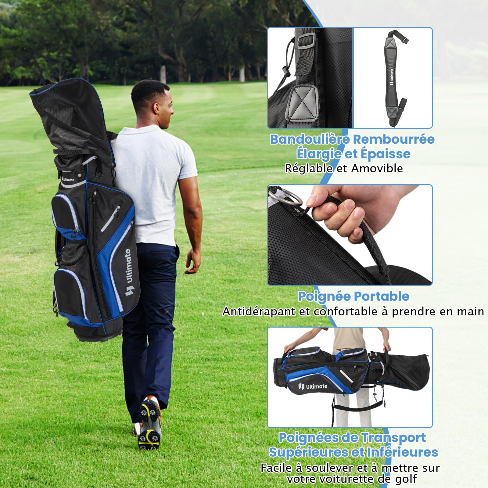 GOPLUS Sac de Golf, Sac de Club de Golf Léger avec Séparateurs à 14 Compartiments, Sac Isotherme, 2 Poches Étanches, Capuche de Pluie Amovible, Porte-Parapluie et Poignées de Transport