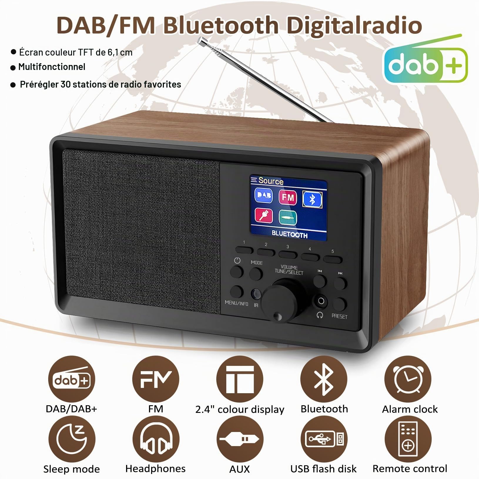 Radio Dab, Dab Plus Numérique Rechargeable avec Bluetooth 5.0, FM Vintage Radio Cuisine ave ctelecommande écran LCD Couleur 2.4, Connexion MicroSD/TF/AUX，RéveilDouble, Minuterie de Veille bois
