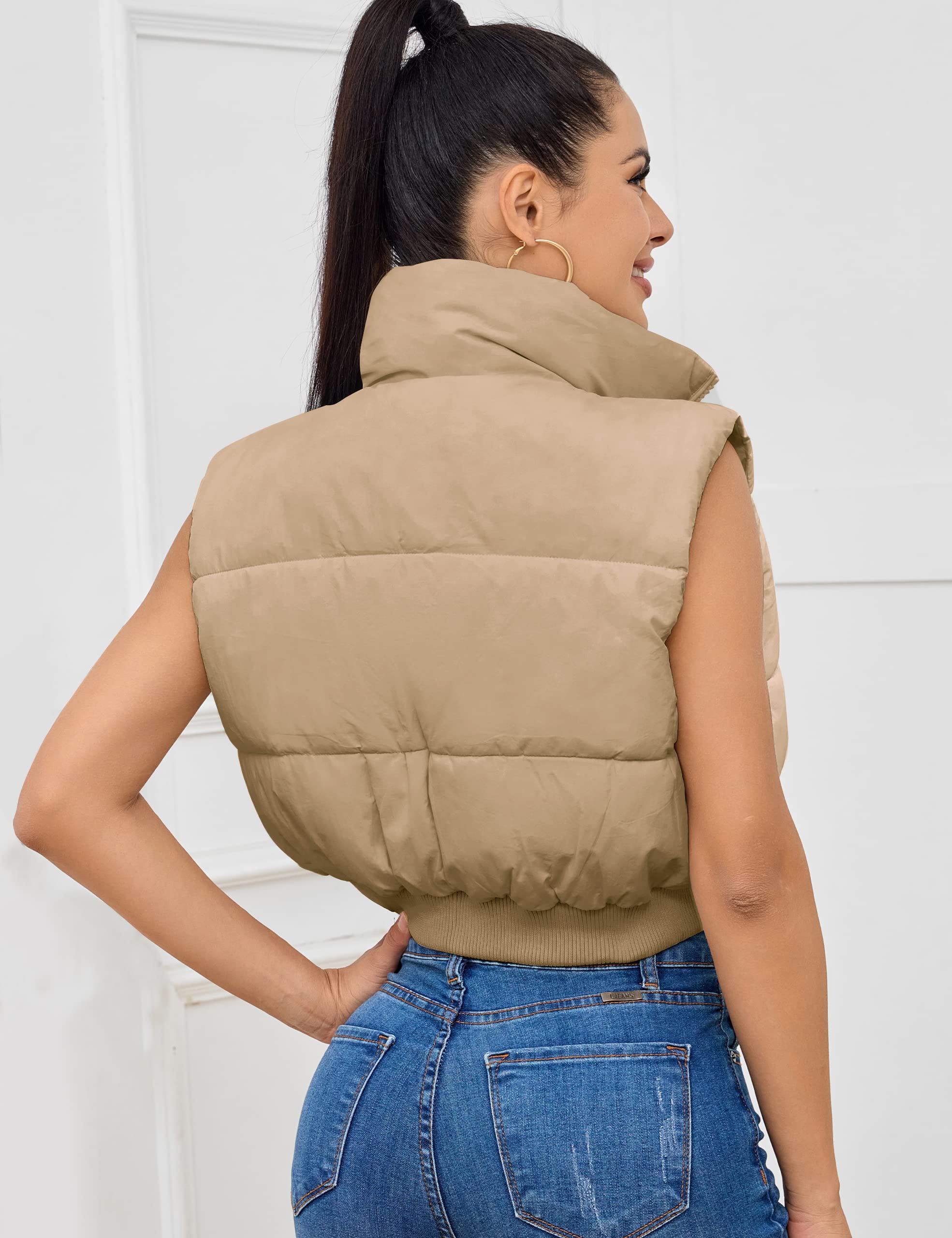 Kissonic Women's Padded Down Vest Puffer Stand Collar Zip Up Crop Sleeveless Jacket