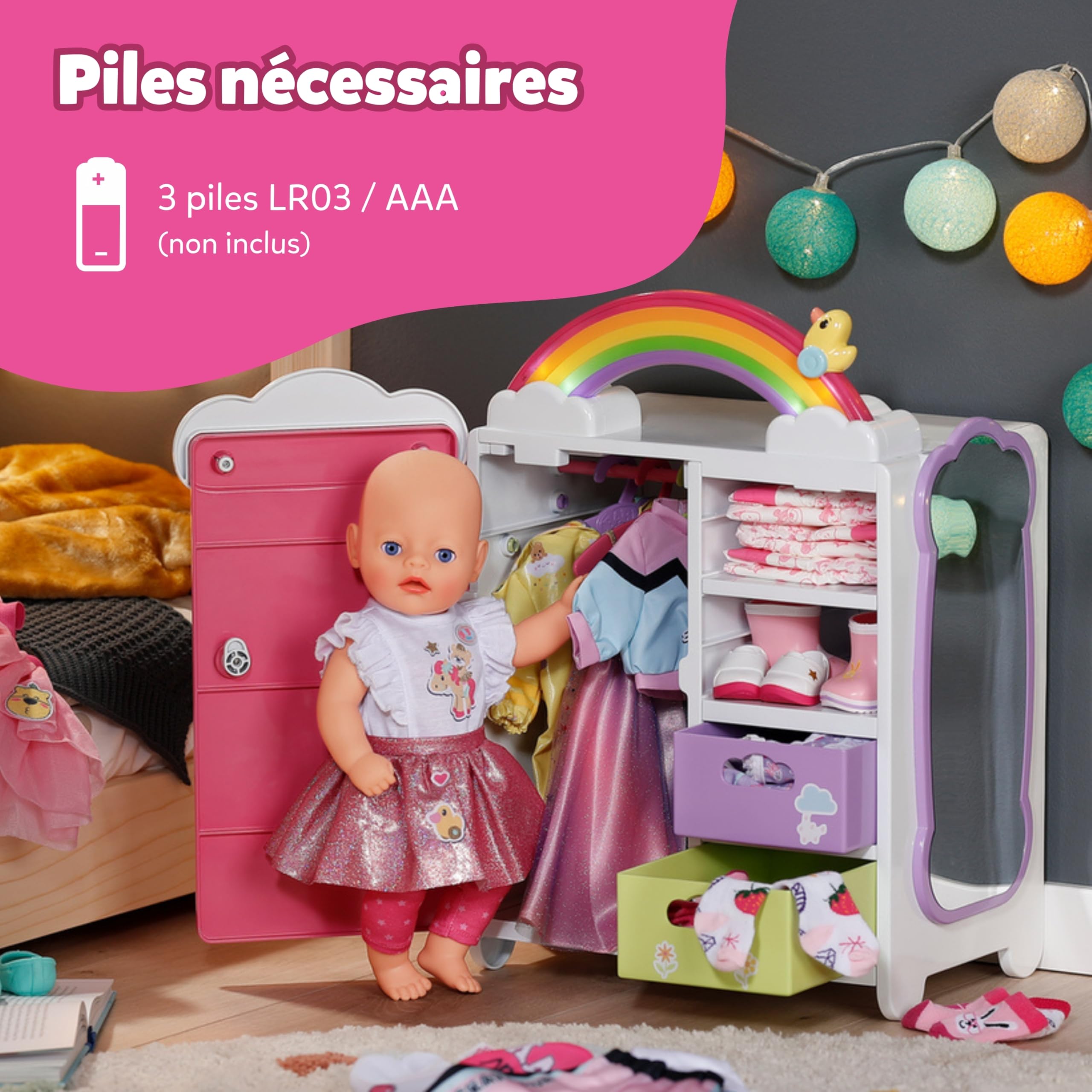 BABY born Armoire Arc-en-Ciel - Rangement pour Les vêtements de la poupée - avec Arc-en-Ciel & Sons - Accessoires de la poupée y Compris Les tiroirs à Chaussures, Les cintres & Les Autocollants