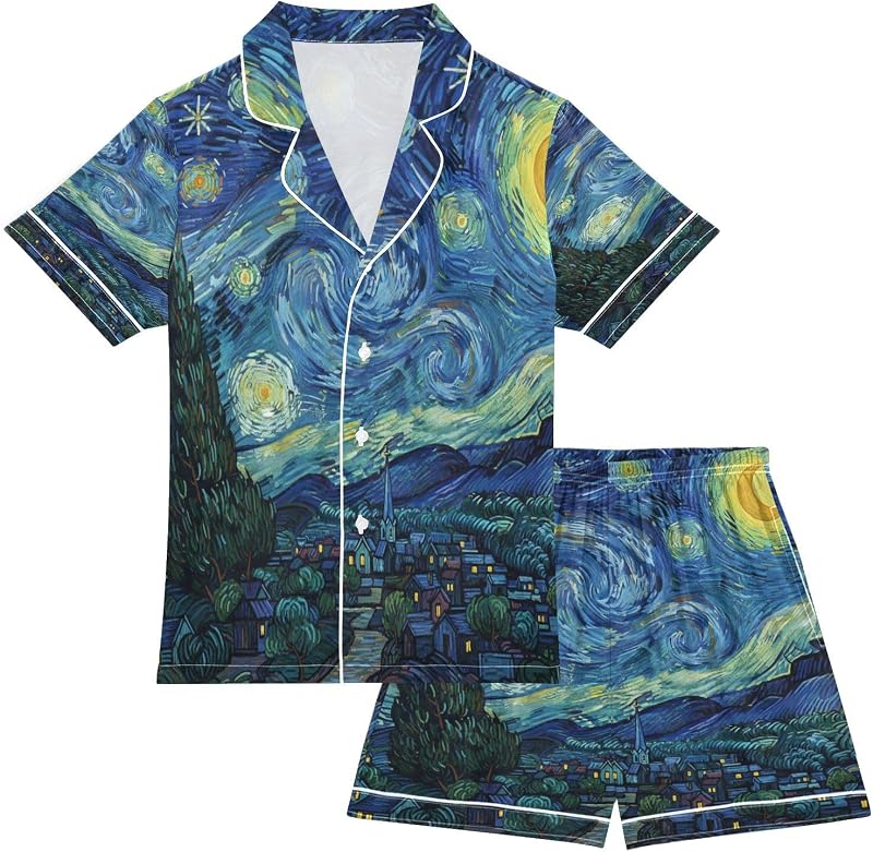 Silk Pajama Sets Short Sleeve Pajamas Watercolor Van Gogh Starry Night Soft Sleepwear 2 Piece Pjs Set 9-10 years Multicolor