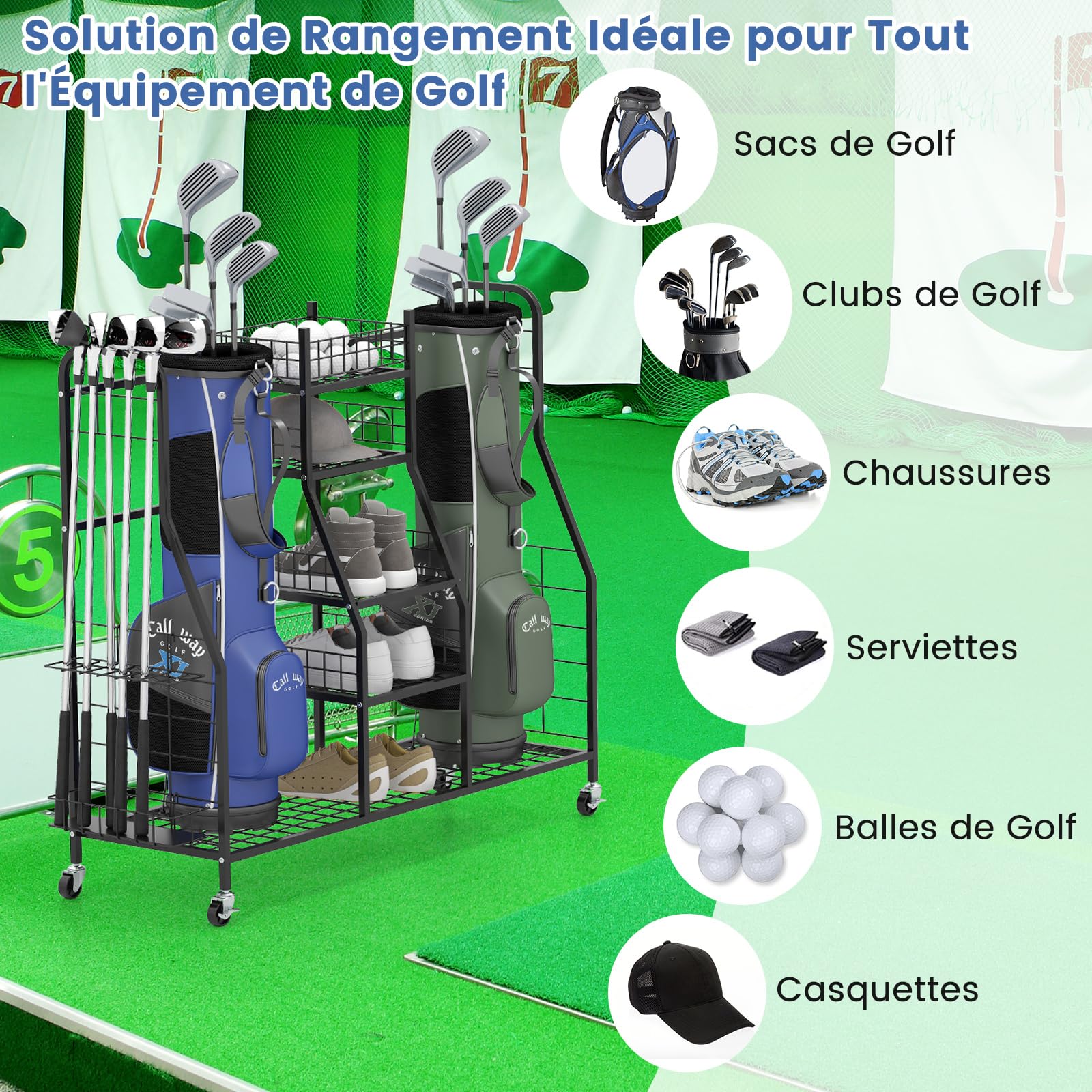 GYMAX Organisateur de Golf, Chariot Métallique pour Rangement de Sacs, Clubs, Chaussures, Balles, Accessoires, 4 roulettes Universelles, Convient pour Garage, sous-Sol, Club