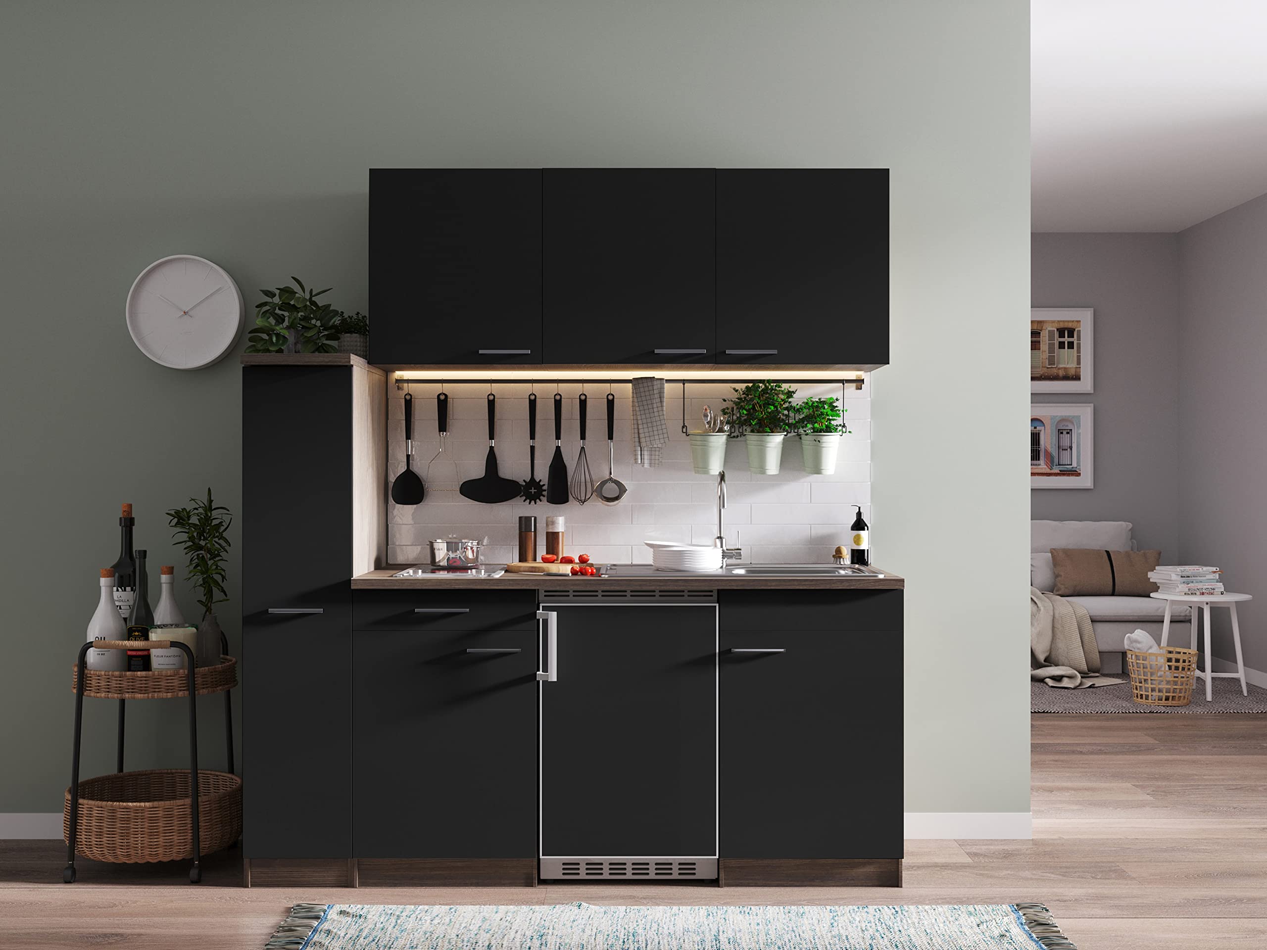 respekta Oliver Kitchenette, Bois d'ingénierie, Noir, 180 cm