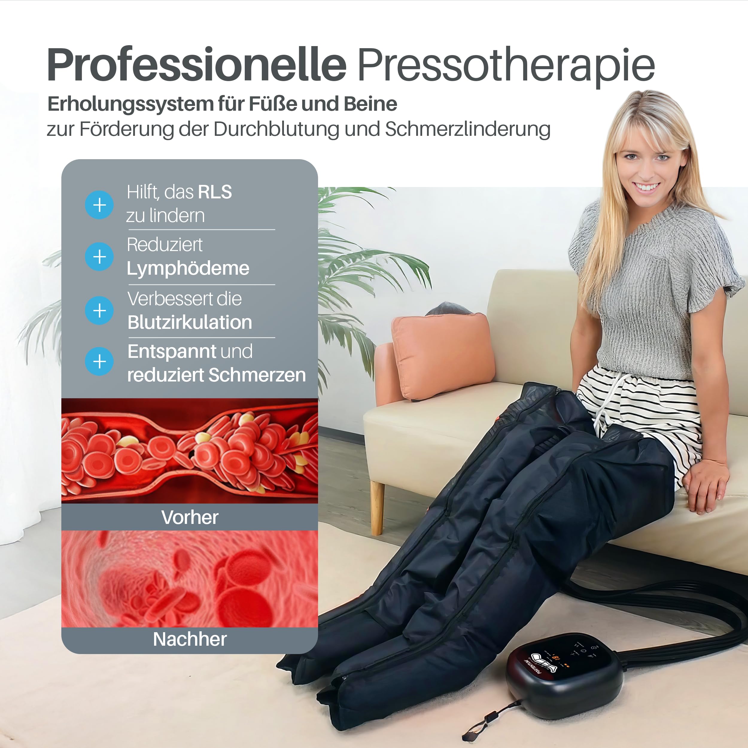 PORTENTUM Lymphdrainage gerät mit Akku – Bein Massagegerät mit 8 Modi und 3 Intensitäten – Fernbedienung mit LCD-Display – USB-C – Lindert müde Beine und fördert die Durchblutung – Tragetasche