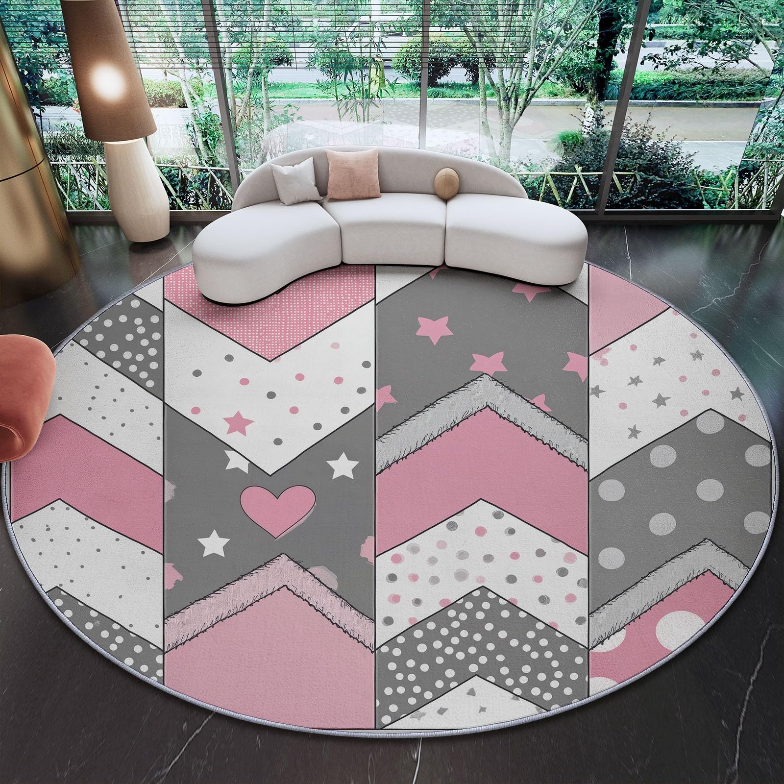 Tapis à chevrons moderne rose gris 120 cm de diamètre pour salon élégant