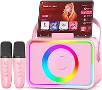 ultramic Portable Karaoke Machine with 2 Wireless Mics, Bluetooth Speaker, LED Disco Lights - Pink PA System for Kids Adults Parties