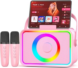 ultramic Portable Karaoke Machine with 2 Wireless Mics, Bluetooth Speaker, LED Disco Lights - Pink PA System for Kids Adults Parties