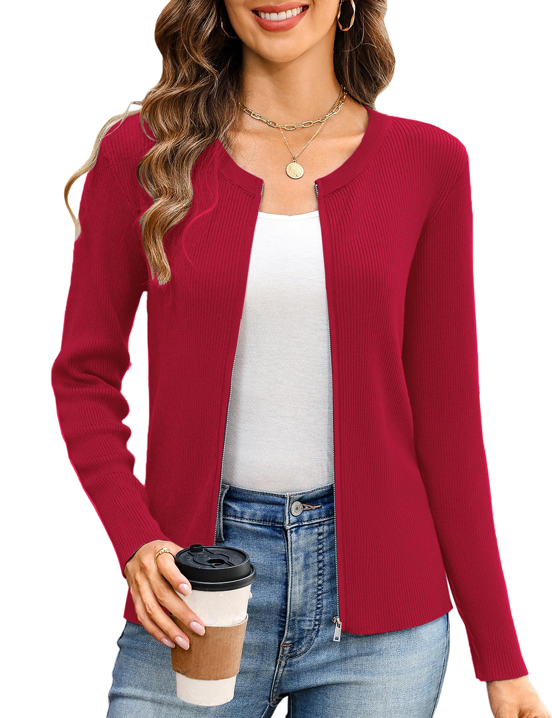 Totatuit Womens Long Sleeve Zip Up Sweater Lightweight Cardigan Crew Neck Tops Zipper Knitted Jacket