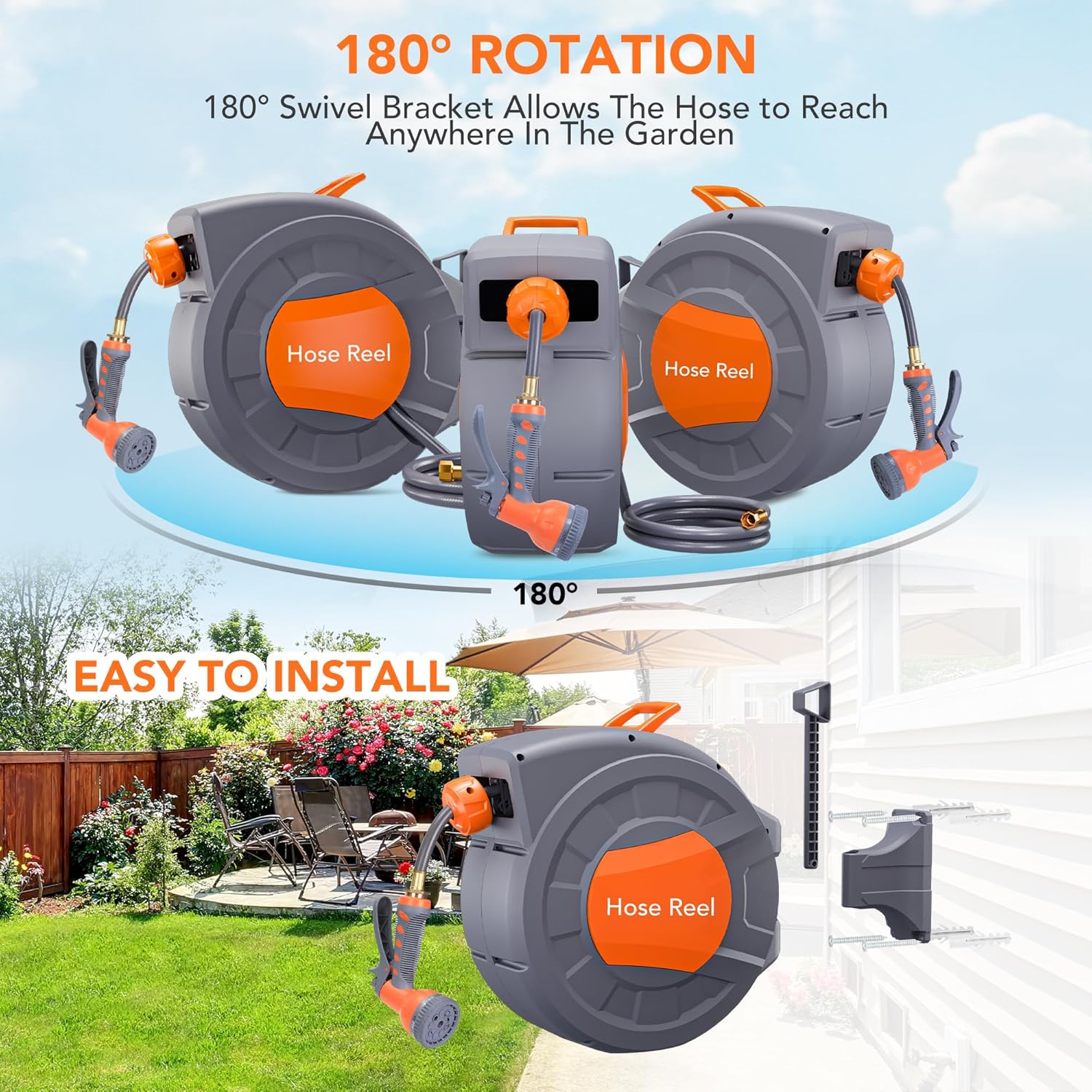 GAOMON Retractable Garden Hose Reel - 1/2 in x 100 ft, Wall Mounted, 9-Function Sprayer, Any Length Lock, 180° Swivel, Automatic Rewind & Slow Return System