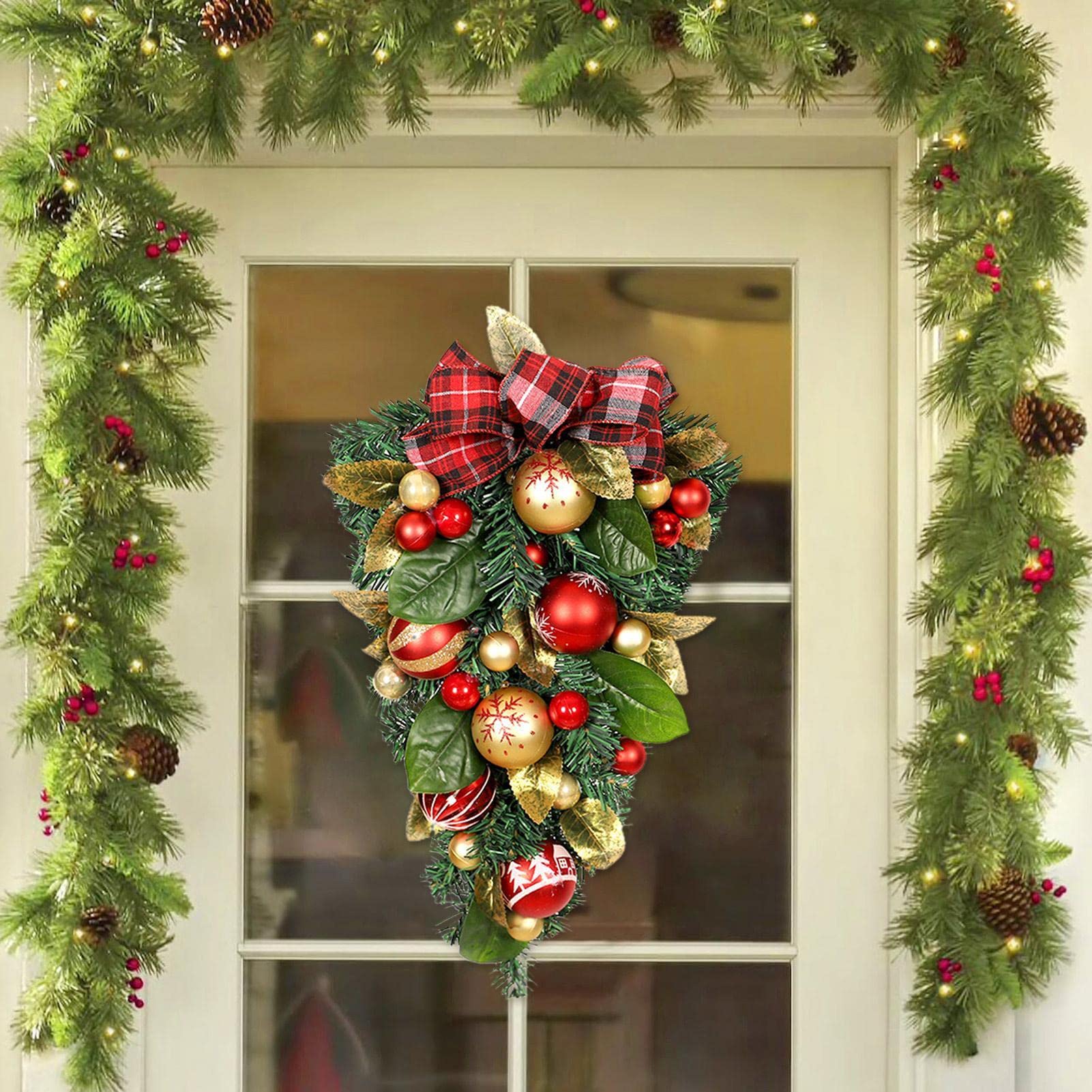 Couronne De Noël En Forme De Goutte Avec Baies Rouges – 45 Cm Ou 75 Cm, Décorative Pour Porte, Cheminée Ou Mur
