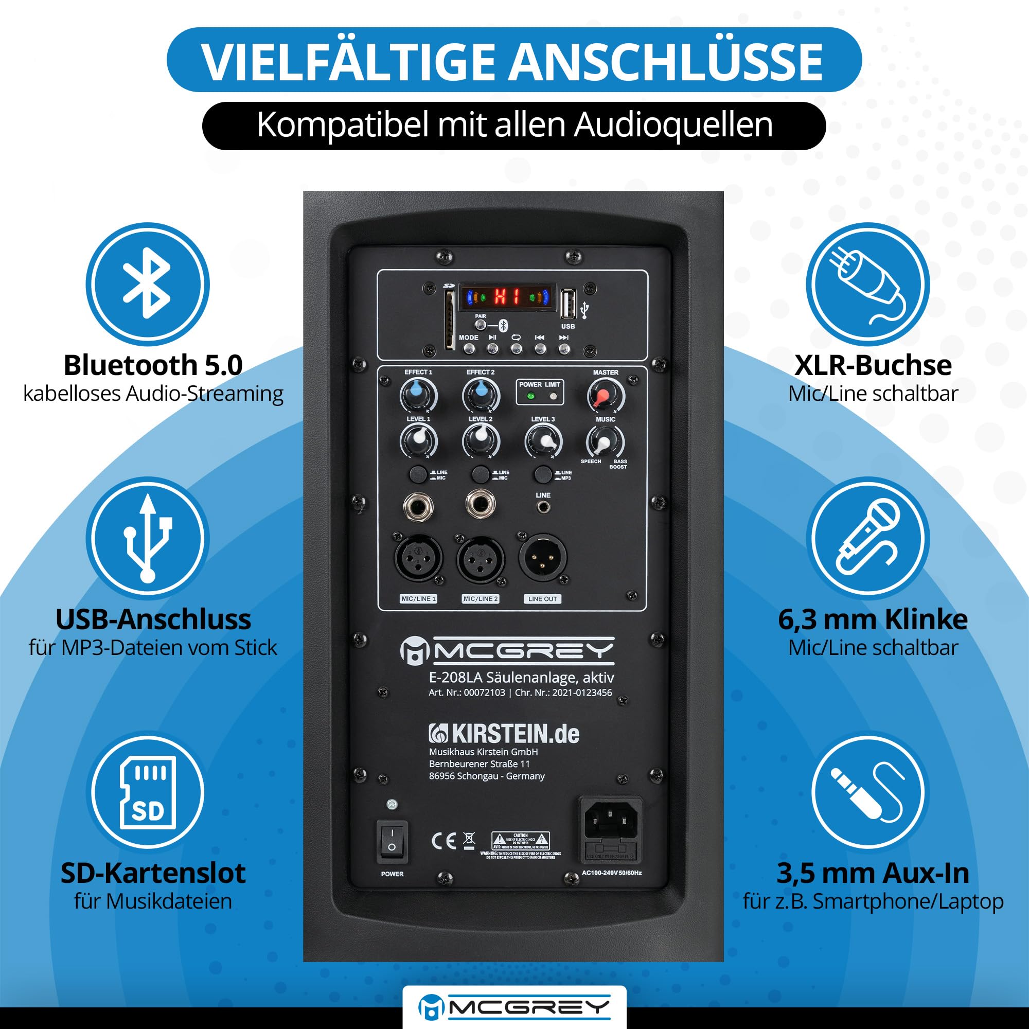 McGrey E-208LA Aktiv Line Array Säulenanlage - Schlanke Linienstrahler - PA Anlage - 100 Watt - 8" Subwoofer - 4X 2,5" Breitbandlautsprecher - USB/SD/Bluetooth Media-Player - Schwarz