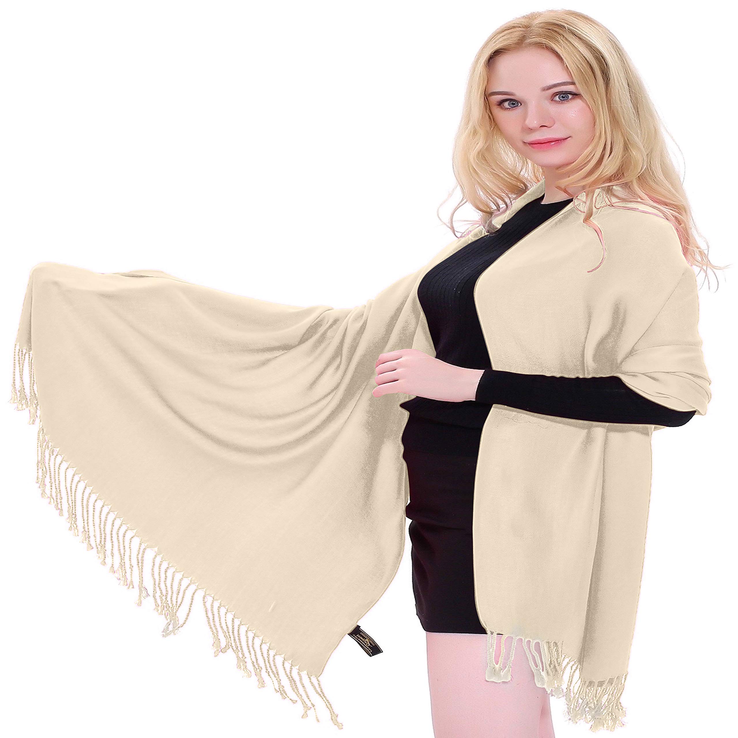 CJ Apparel Champagne Solid Colour Tassels Design Nepalese Shawl Scarf Wrap Stole Throw Head Wrap Pashmina Hand Made in Nepal
